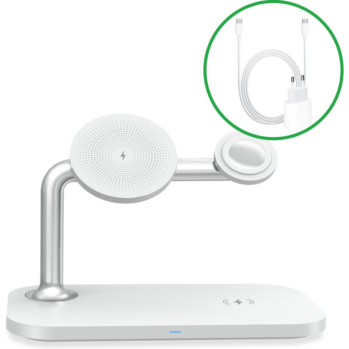 Witte oplaadstation voor telefoon, oortelefoons en horloge. Inclusief USB-C-kabels en een oplader, allemaal wit. Circulair ontwerp.