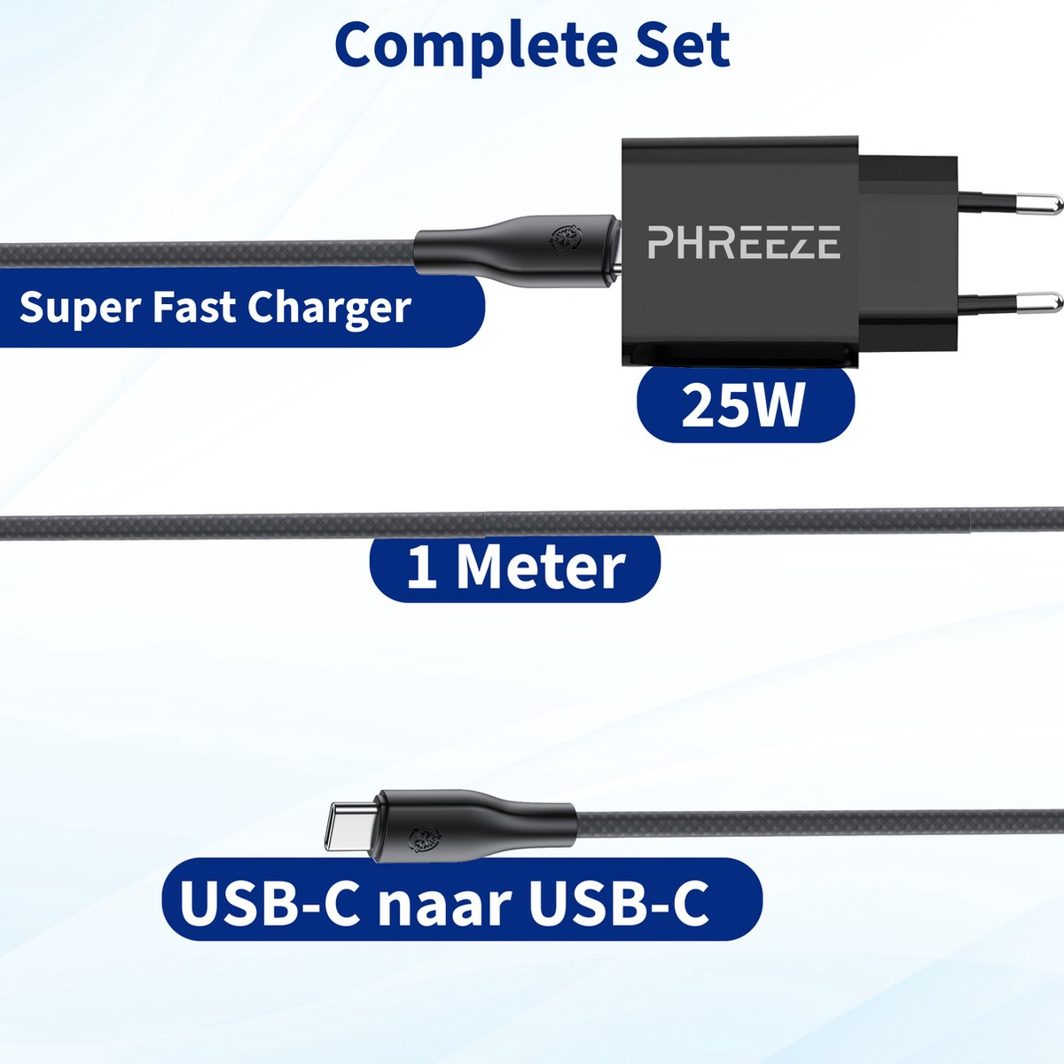 Een zwarte oplader set met kabel. Bevat een 25W opladerkop, een USB-C kabel en tekst die snel opladen aangeeft.