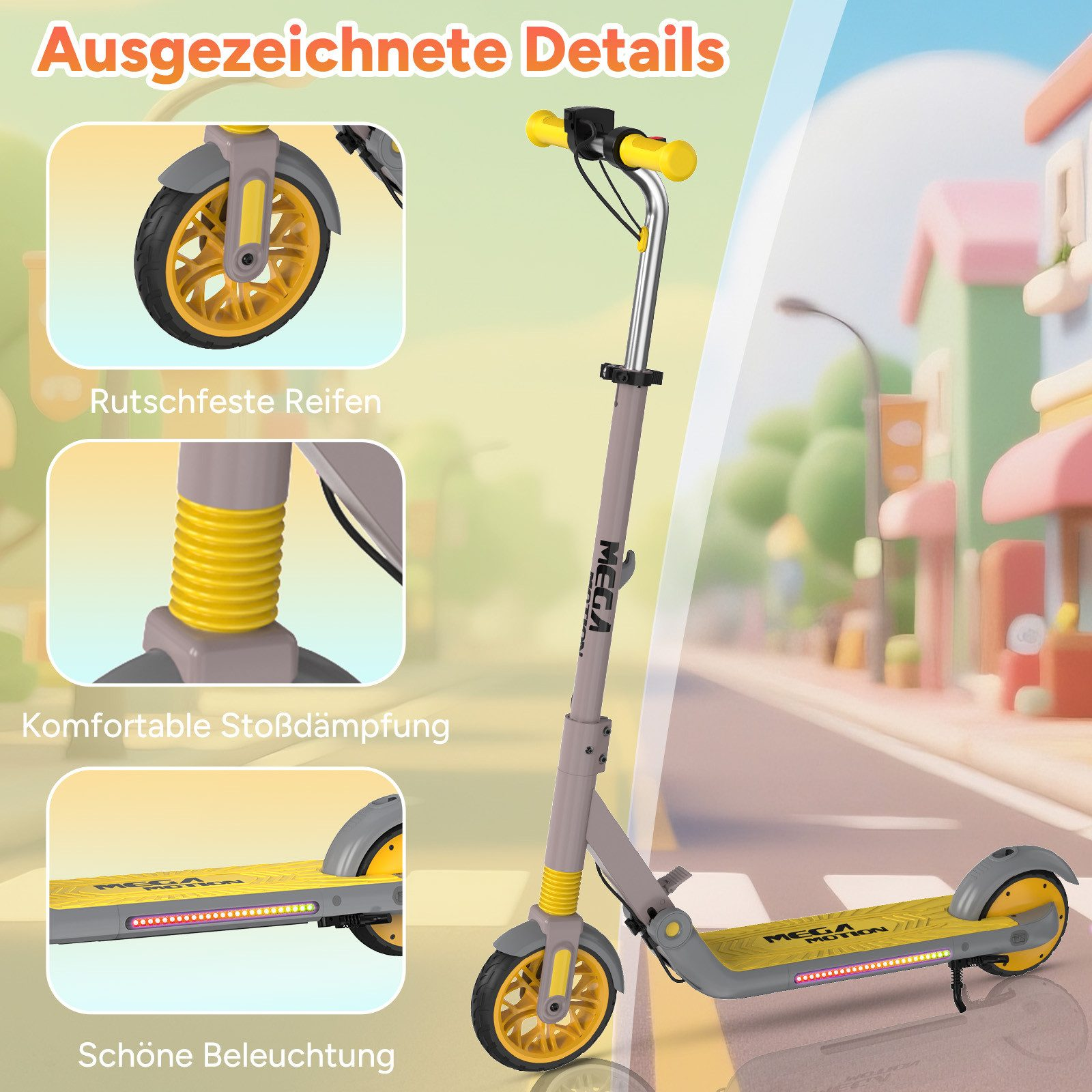 Gezeigt wird ein grauer und gelber Roller. Er hat drei Detailbilder, die Räder, Federung und Beleuchtung zeigen. Der Hintergrund ist eine Cartoon-Straße.