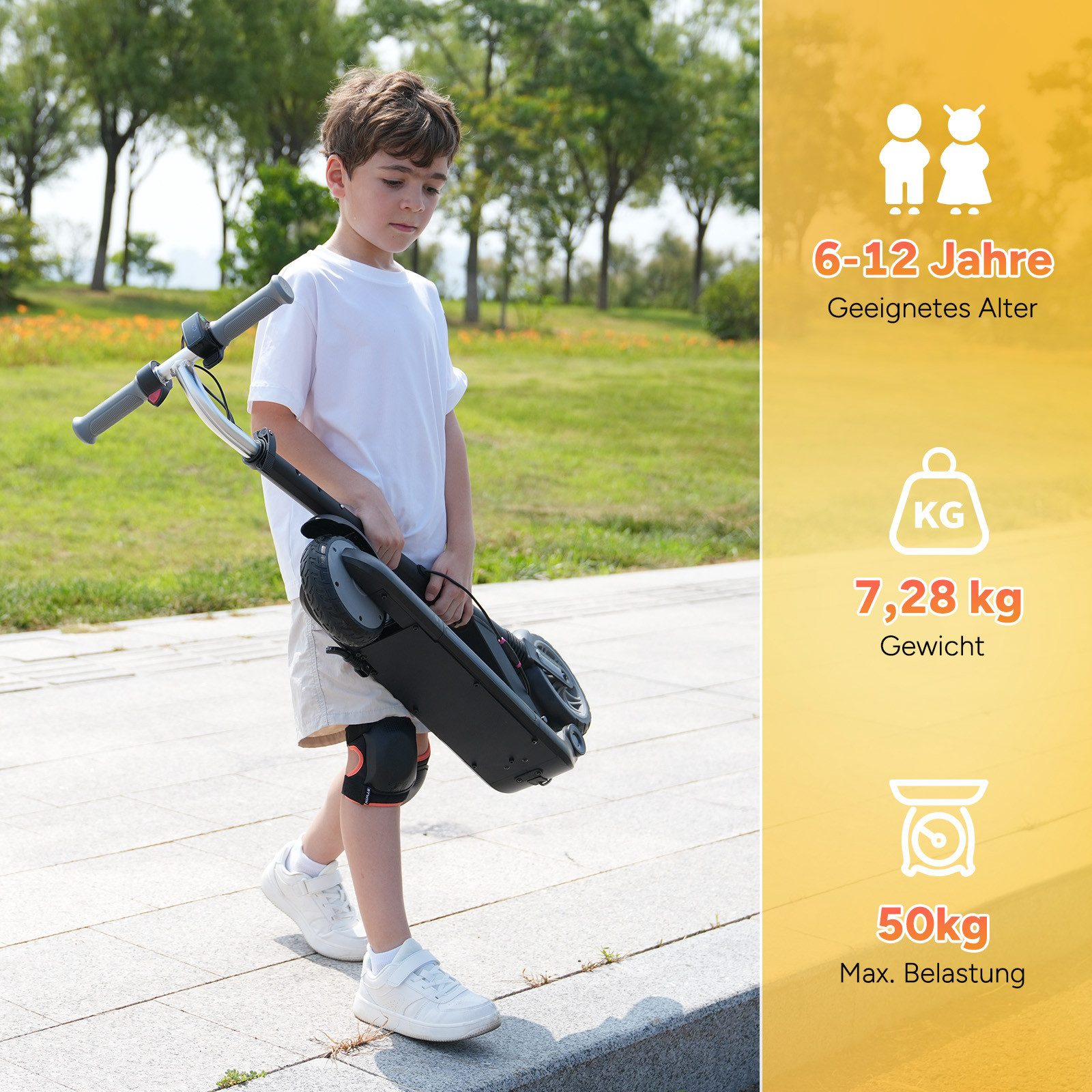 Ein Junge in weißem Hemd und Shorts trägt einen zusammengeklappten Roller. Informationen rechts: Altersbereich, Gewicht und max. Belastung.
