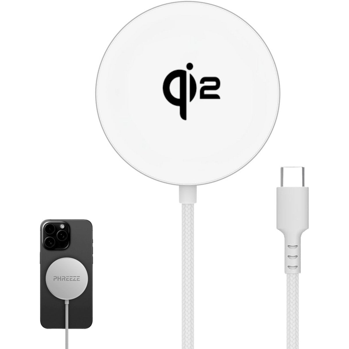 Witte draadloze oplader met Qi2-logo, bevestigd aan een kabel en een telefoon. Telefoon heeft een kleinere oplader met het PHREEZE-logo.