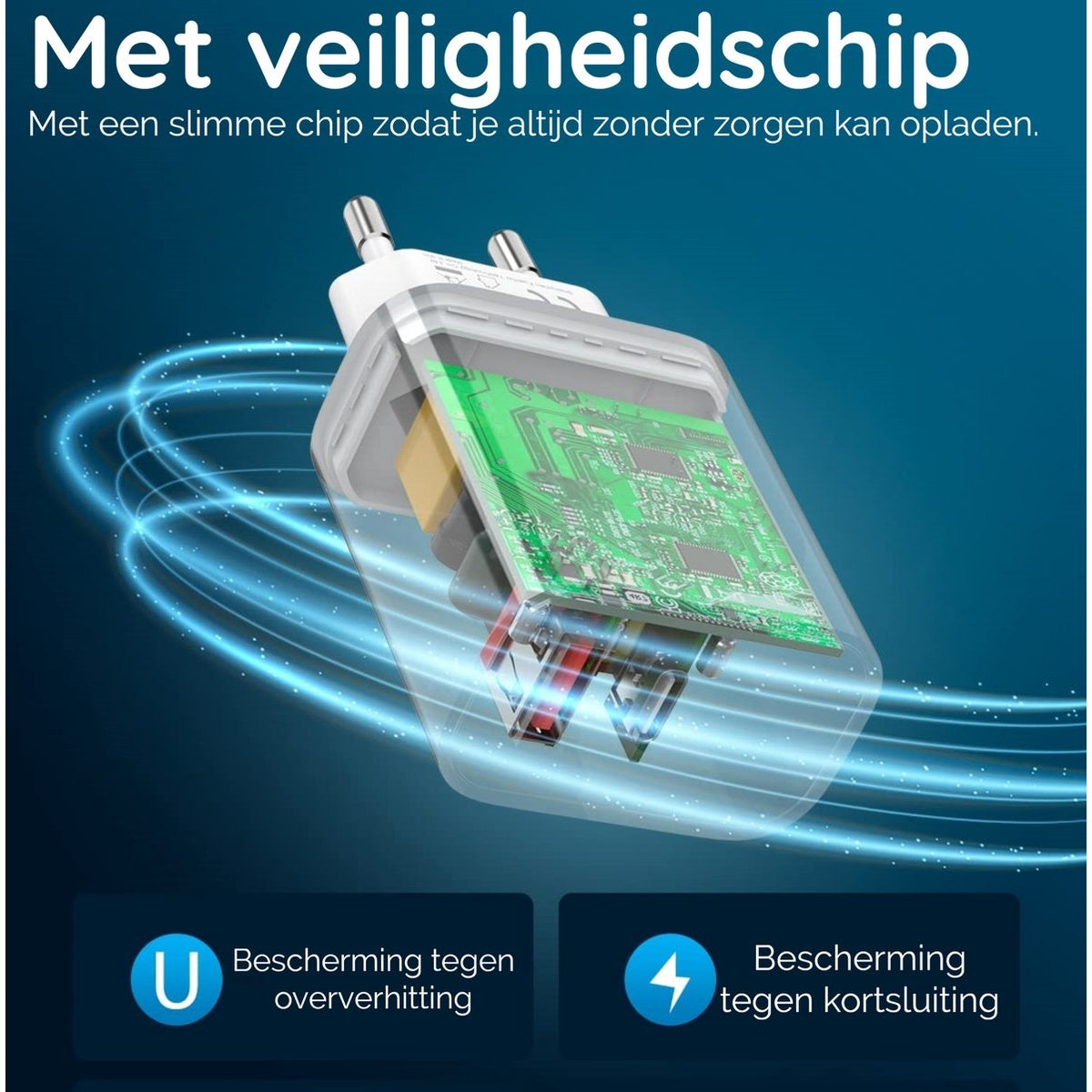 Een adapter met een groene printplaat. Tekst geeft veiligheidskenmerken aan. Blauwe lijnen en tekstvakken benadrukken elementen.