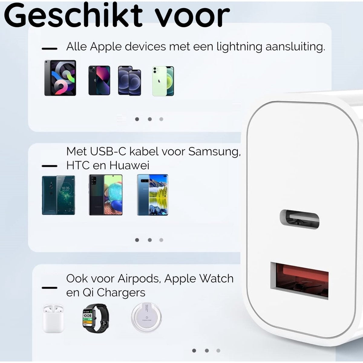 Een witte oplader met zwarte poorten. Tekst geeft compatibele apparaten weer: Apple-apparaten, Samsung-, HTC-, Huawei-telefoons, AirPods, Apple Watch en Qi-laders.