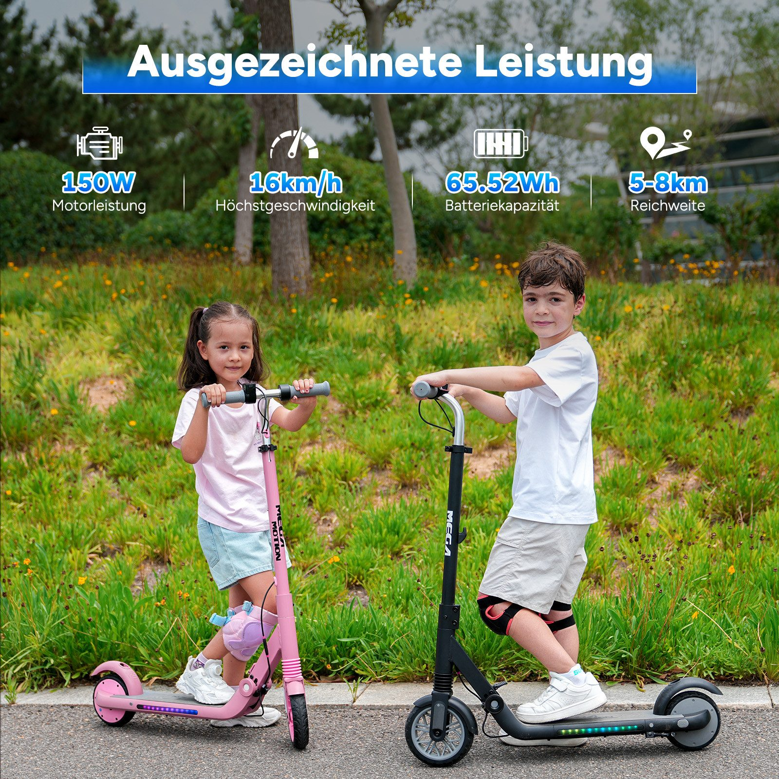 Zwei Kinder auf Rollern. Pinke und schwarze Roller mit Kindern vor grünem Hintergrund und Text oben.