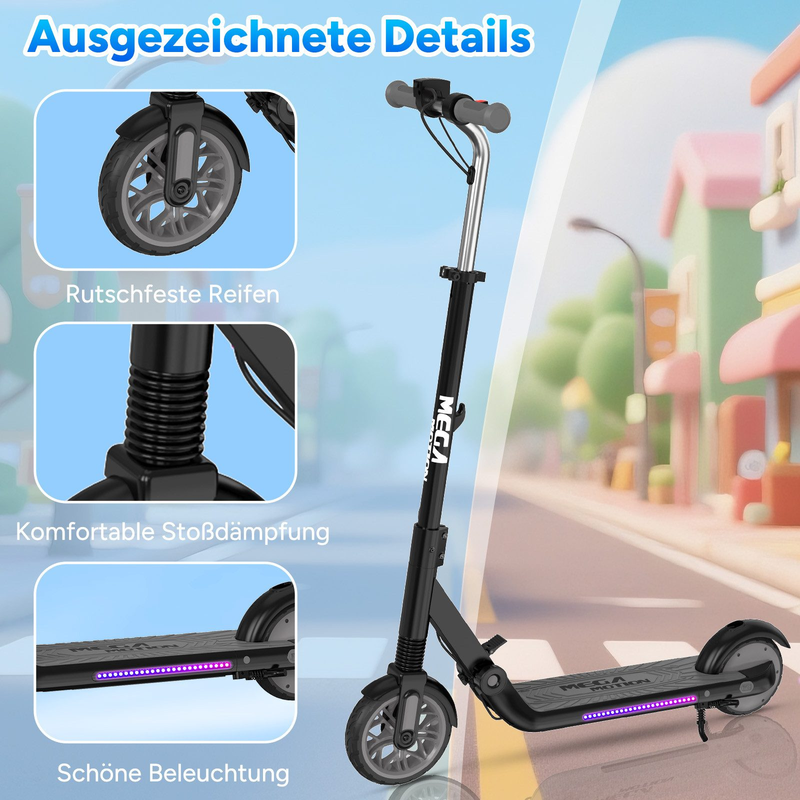 Schwarzer Mega Motion-Roller auf einer Straße mit detailliertem Rad, Stoßdämpfung und Beleuchtung vor Stadtkulisse.