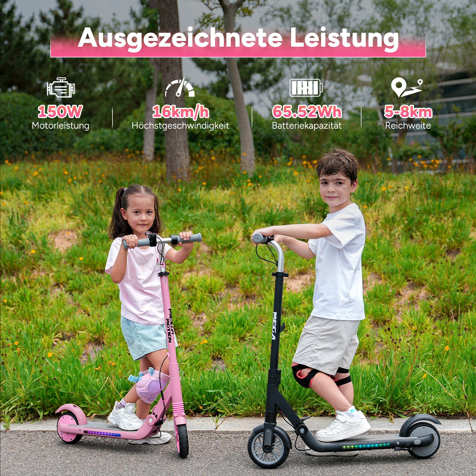 Zwei Kinder auf Rollern, einer rosa und einer schwarz, in einem Park. Text oben zeigt Leistungsspezifikationen.