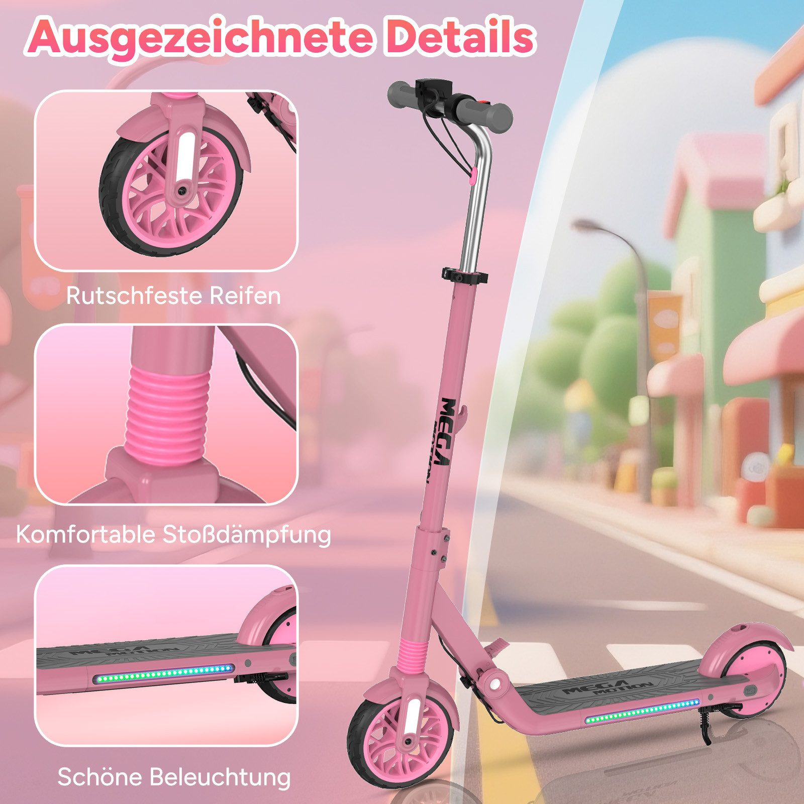 Pinkfarbener Roller mit schwarzen Rädern und schwarzer Basis. Hat eingebaute Lichter. Der Hintergrund zeigt eine Zeichentrick-Stadtlandschaft.