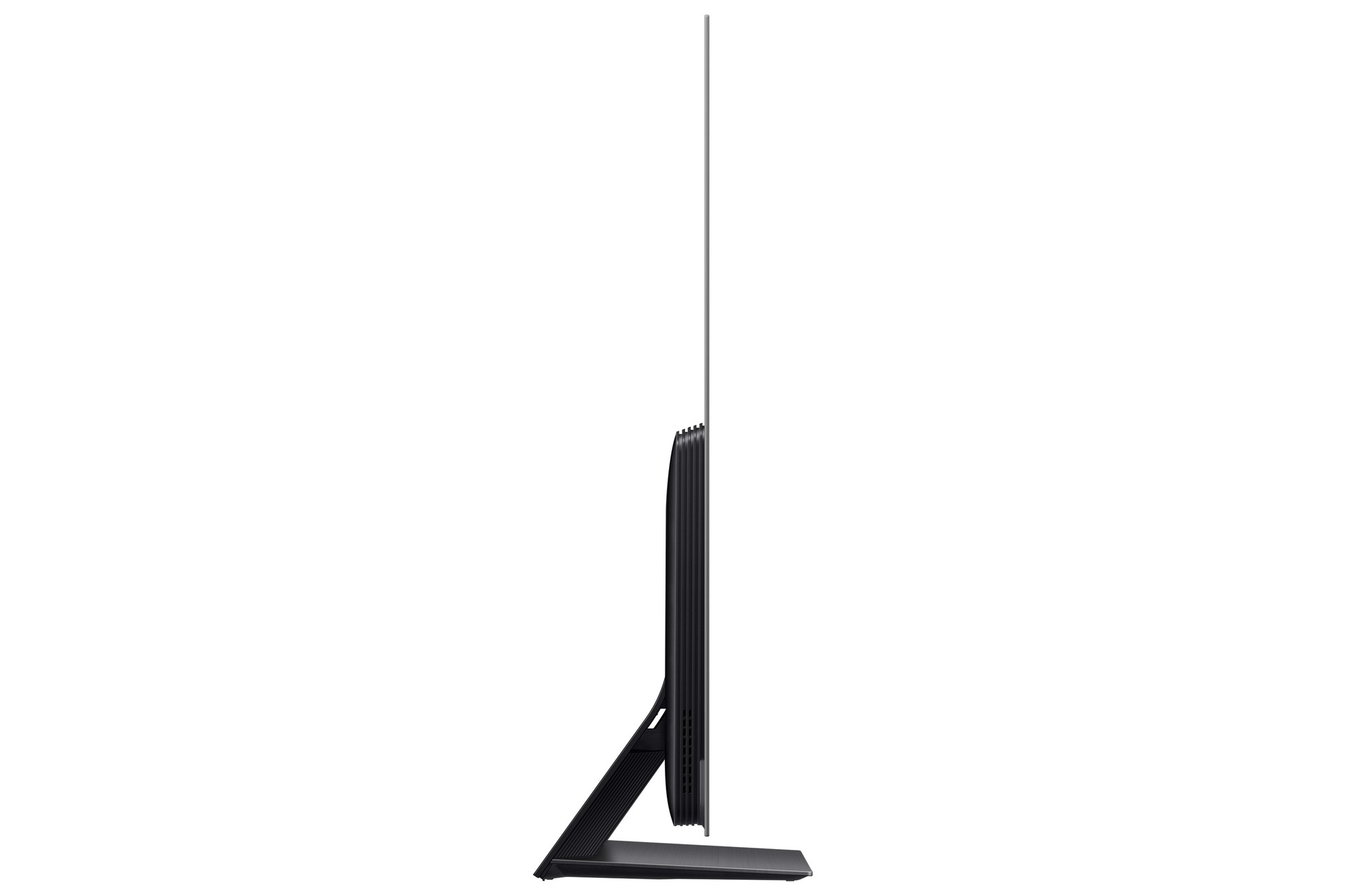 Widok z boku czarnego telewizora. Ma cienki ekran, stojak i bardzo cienkie wsparcie, aby go utrzymać.