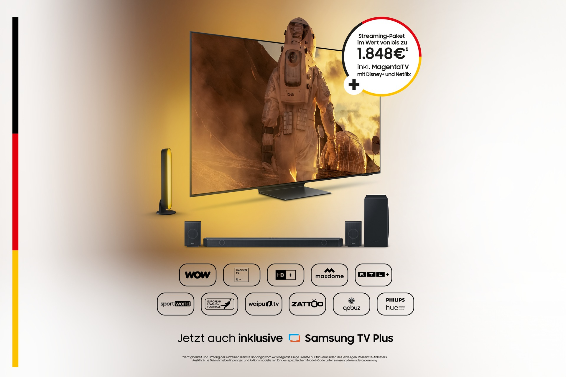 Telewizor z obrazem astronauty, systemem dźwiękowym i logo. Zawiera ofertę pakietu streamingowego. Tekst Samsung TV Plus.