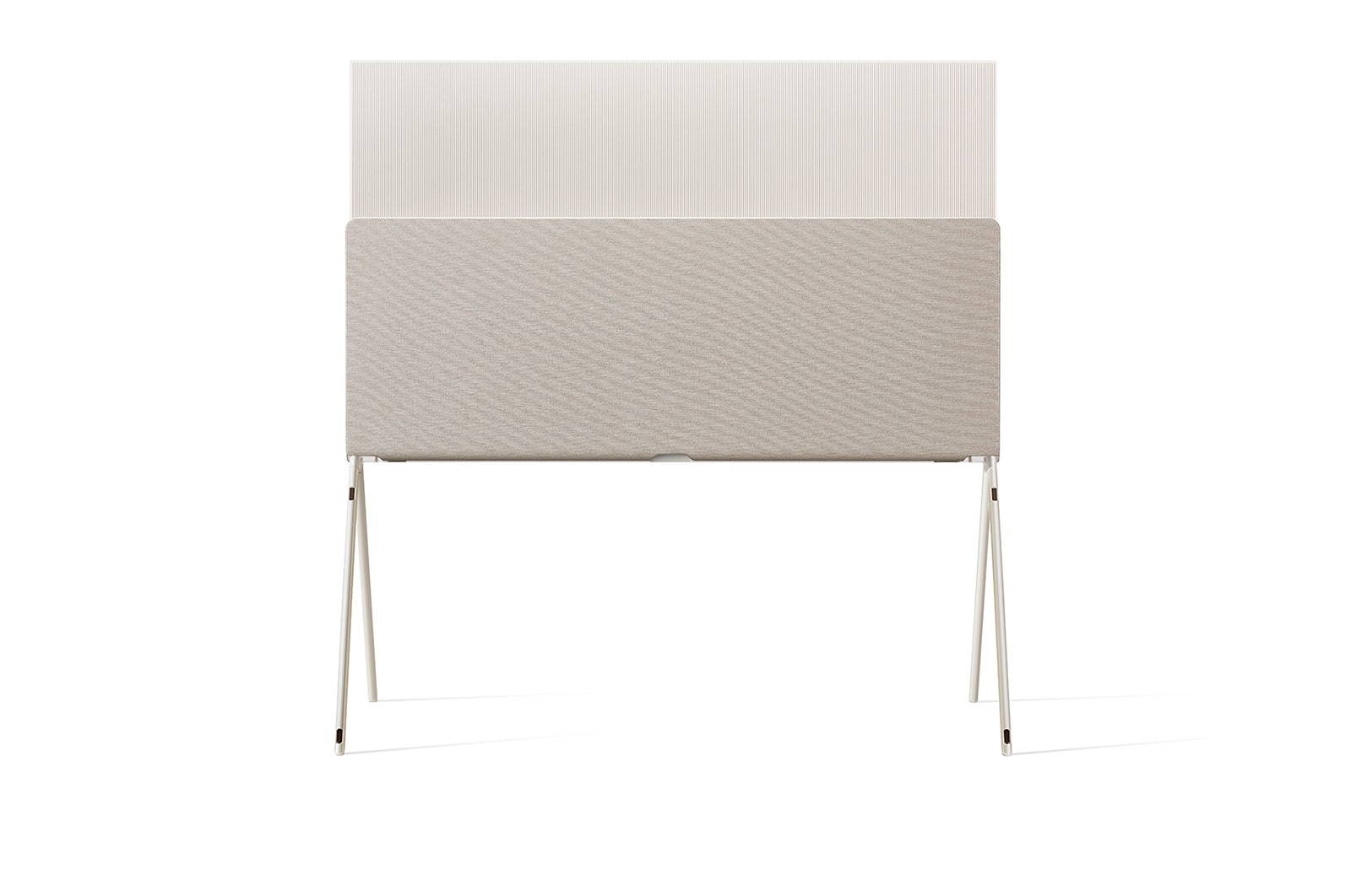 Beżowy, prostokątny ekran telewizora z białą górną częścią. Stoi na dwóch parach białych, ukośnych nóg na białym tle.