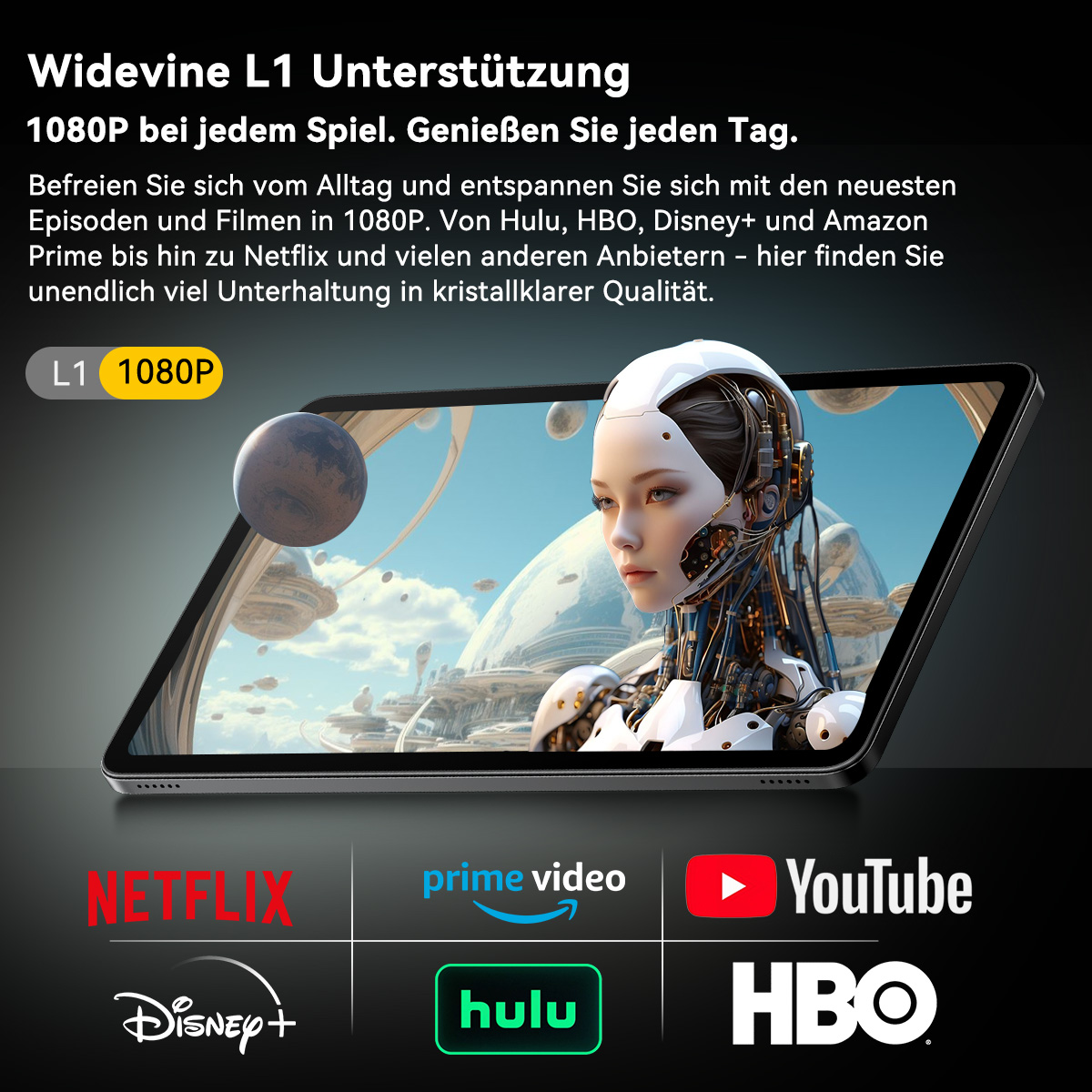 Tablet zeigt eine futuristische Frau, mit einem Planeten im Hintergrund. Streaming-Dienst Logos enthalten Netflix, Prime Video, YouTube, etc.