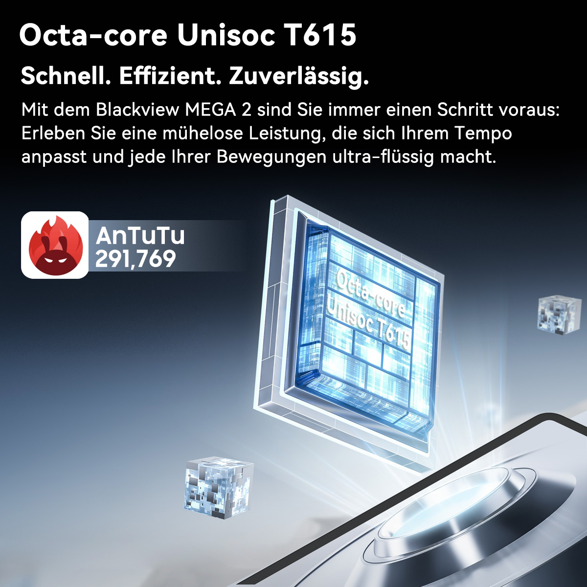Grafik eines Chips mit Text 'Octa-Core Unisoc T615'. AnTuTu-Wert wird angezeigt. Ein Telefon ist im Vordergrund sichtbar.
