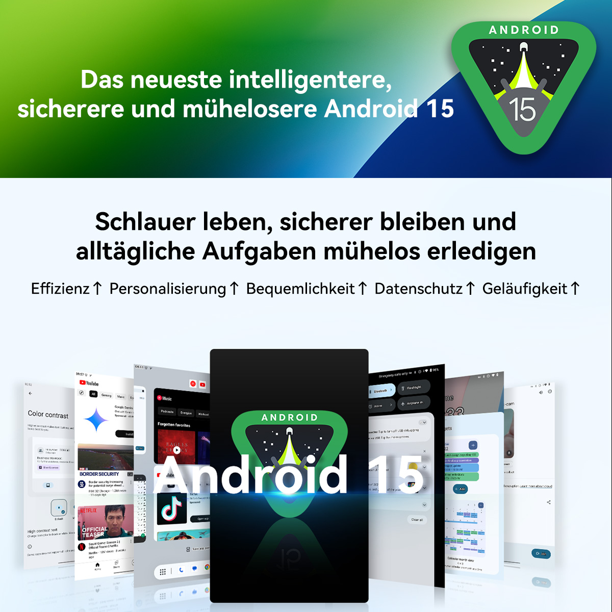 Android 15-Anzeige mit App-Screenshots. Text: Android 15, Schlauer leben. Grünes und weißes Logo, eine Rakete in einem Dreieck.
