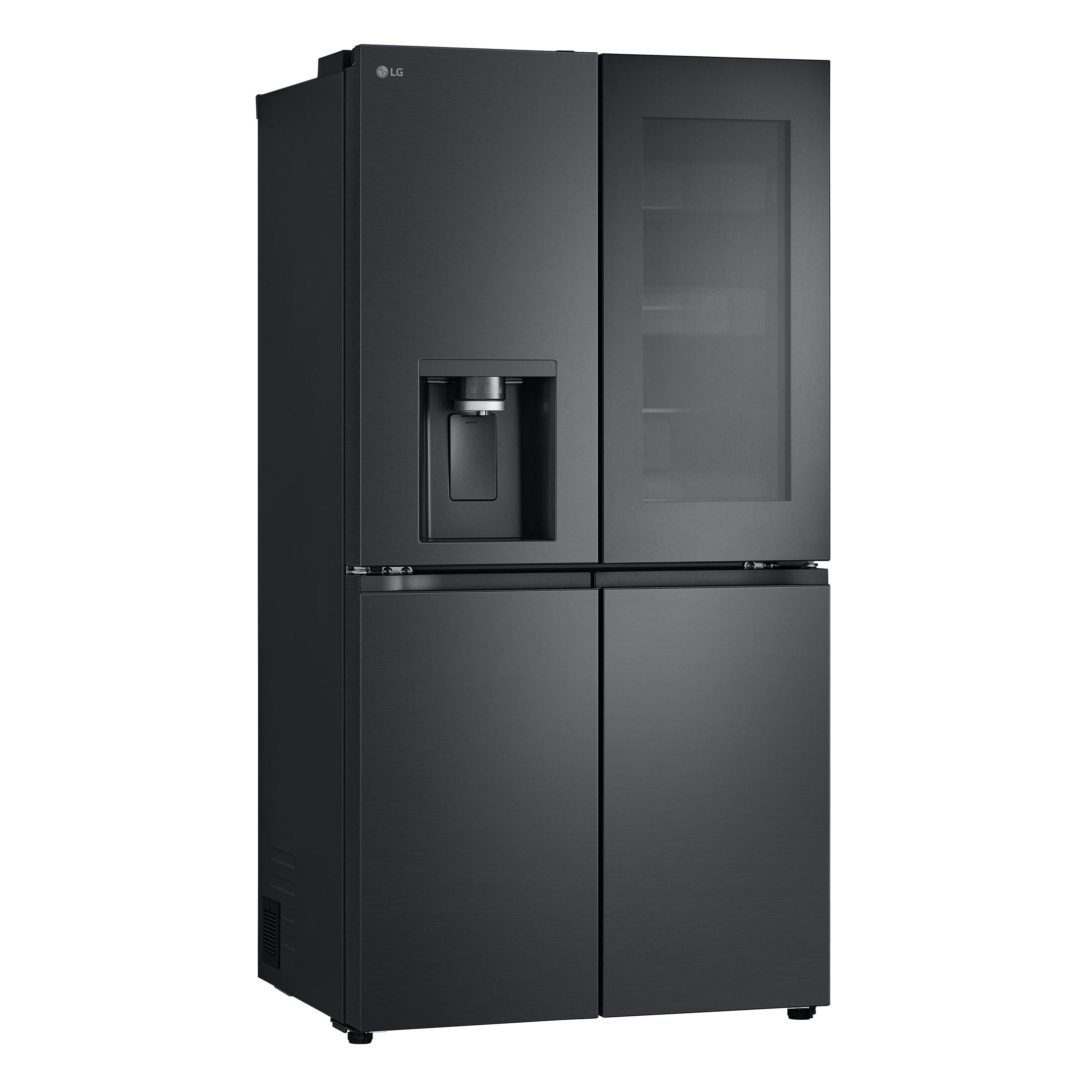Czarna lodówka LG z czterema drzwiami. Ma dozownik wody. Prawe drzwi mają szklany panel.