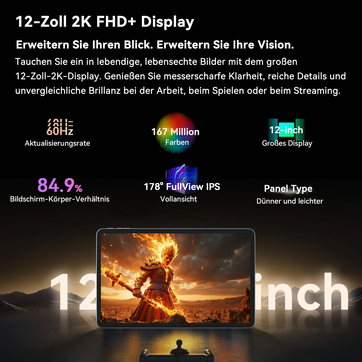 Ein Tablet zeigt eine feurige Szene mit einem Krieger. Text hebt Funktionen wie Displaygröße, Bildwiederholfrequenz und Farbdetails hervor.