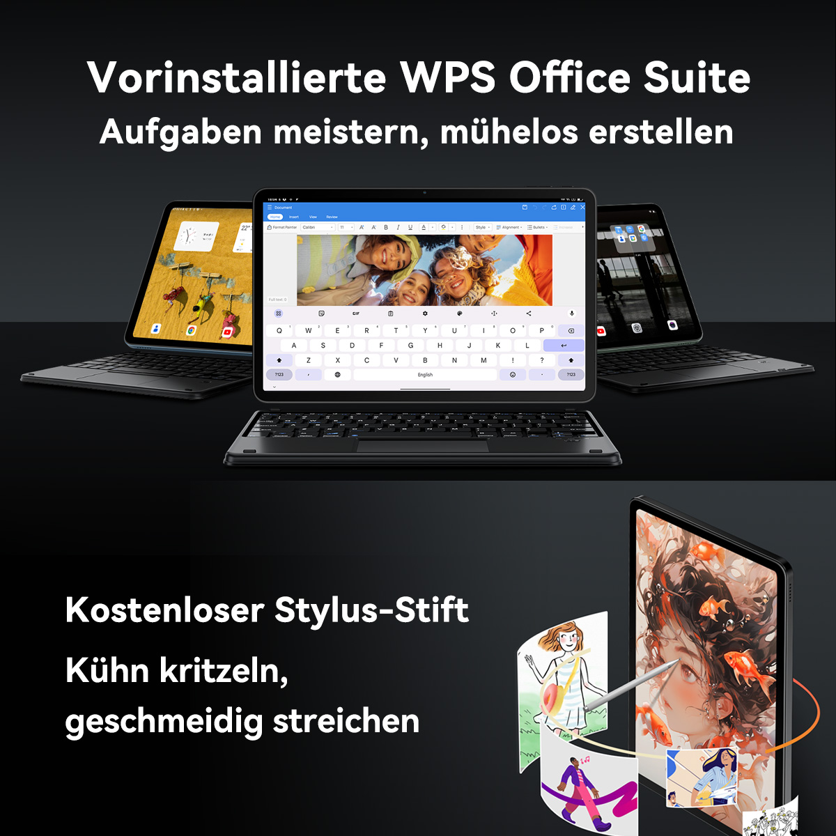 Tablets mit Tastaturen und Stift. Text-Overlay: WPS Office Suite. Illustrationen von Zeichnungen und einer Frau mit Fischen.