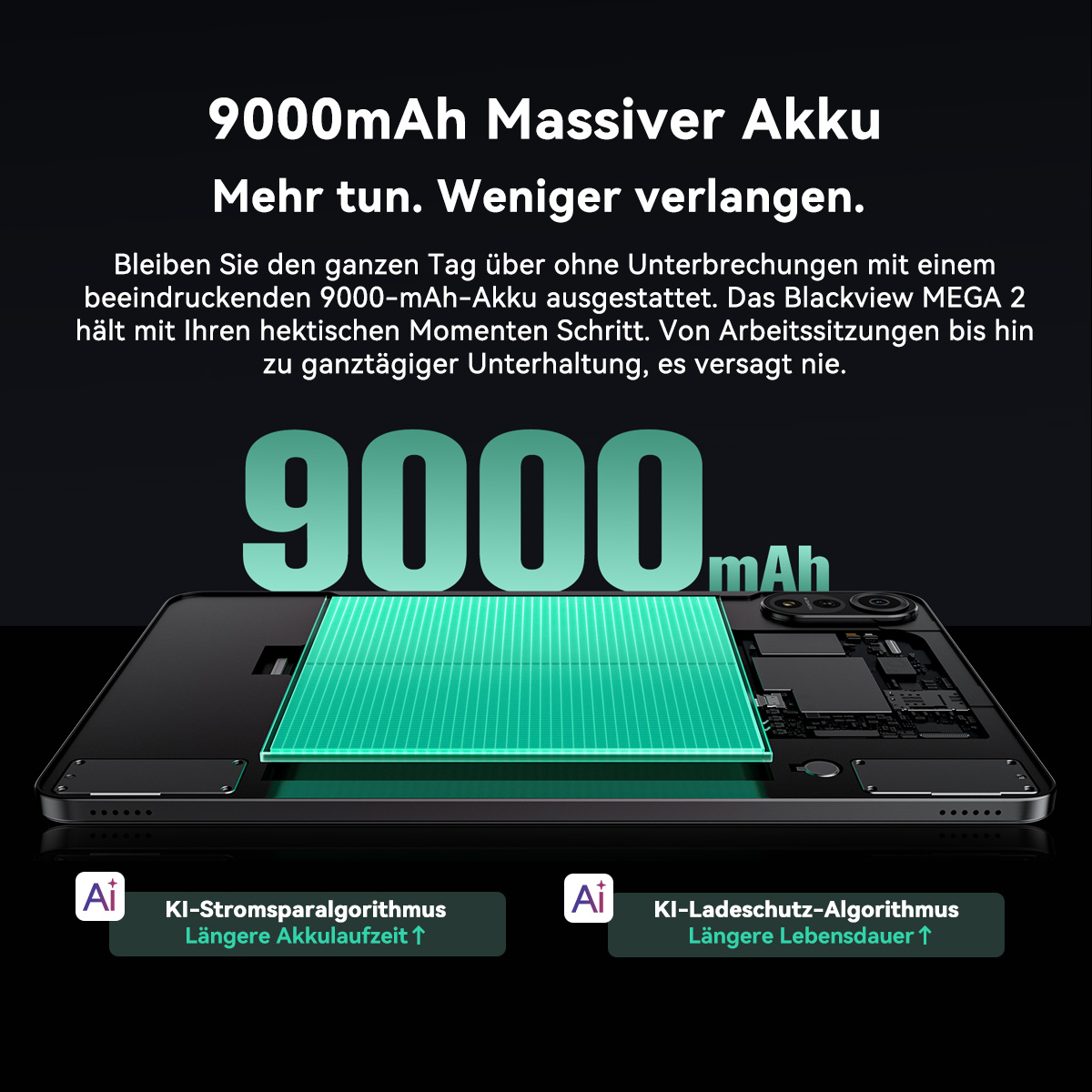 Bild zeigt Telefon mit großer Batterie-Grafik. Text hebt 9000mAh Akku hervor und erwähnt längere Akkulaufzeit und KI-Algorithmen.