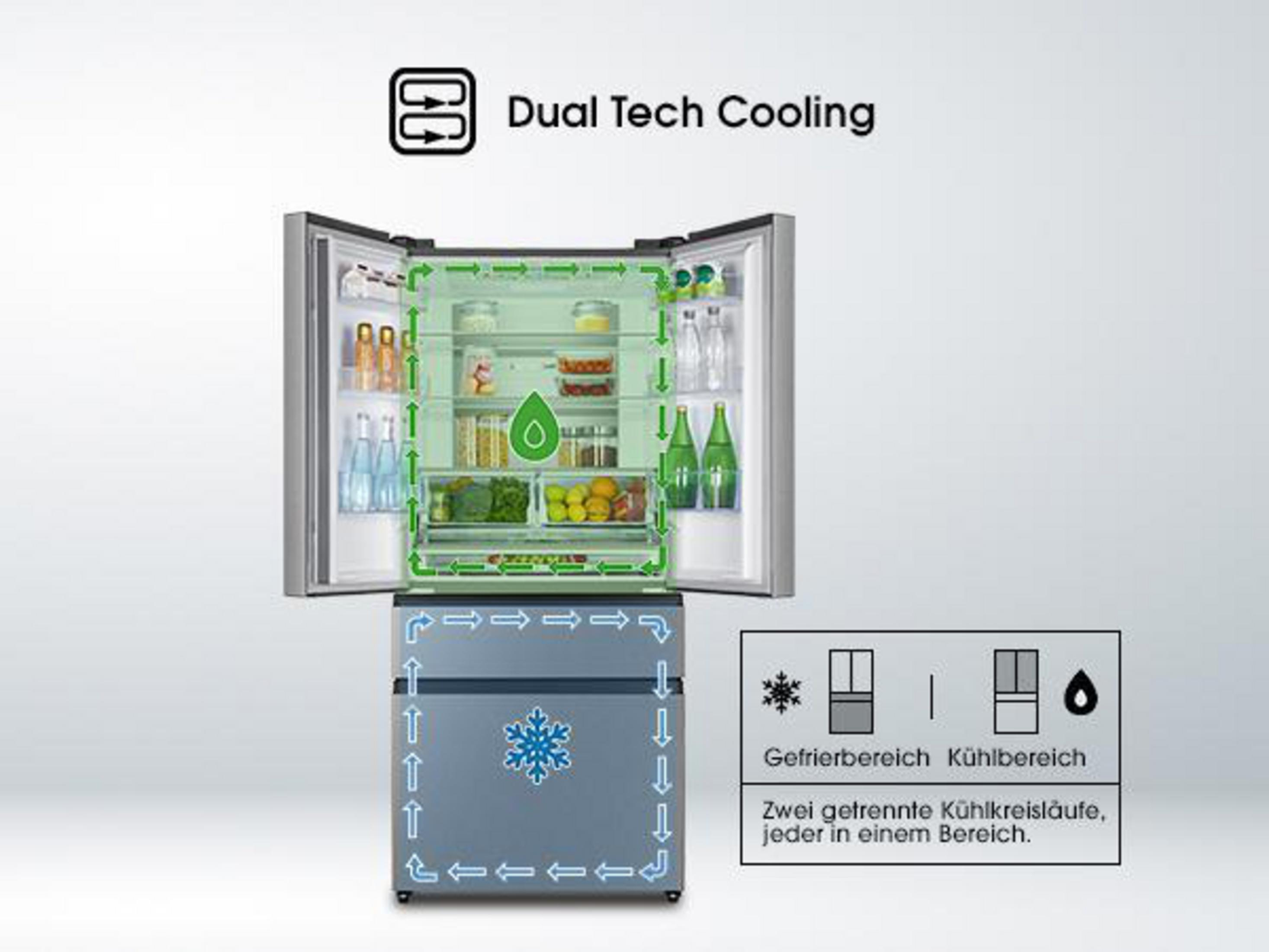 Ein Kühlschrank mit offenen Türen zeigt Lebensmittel und Diagramme. Text lautet 'Dual Tech Cooling'.