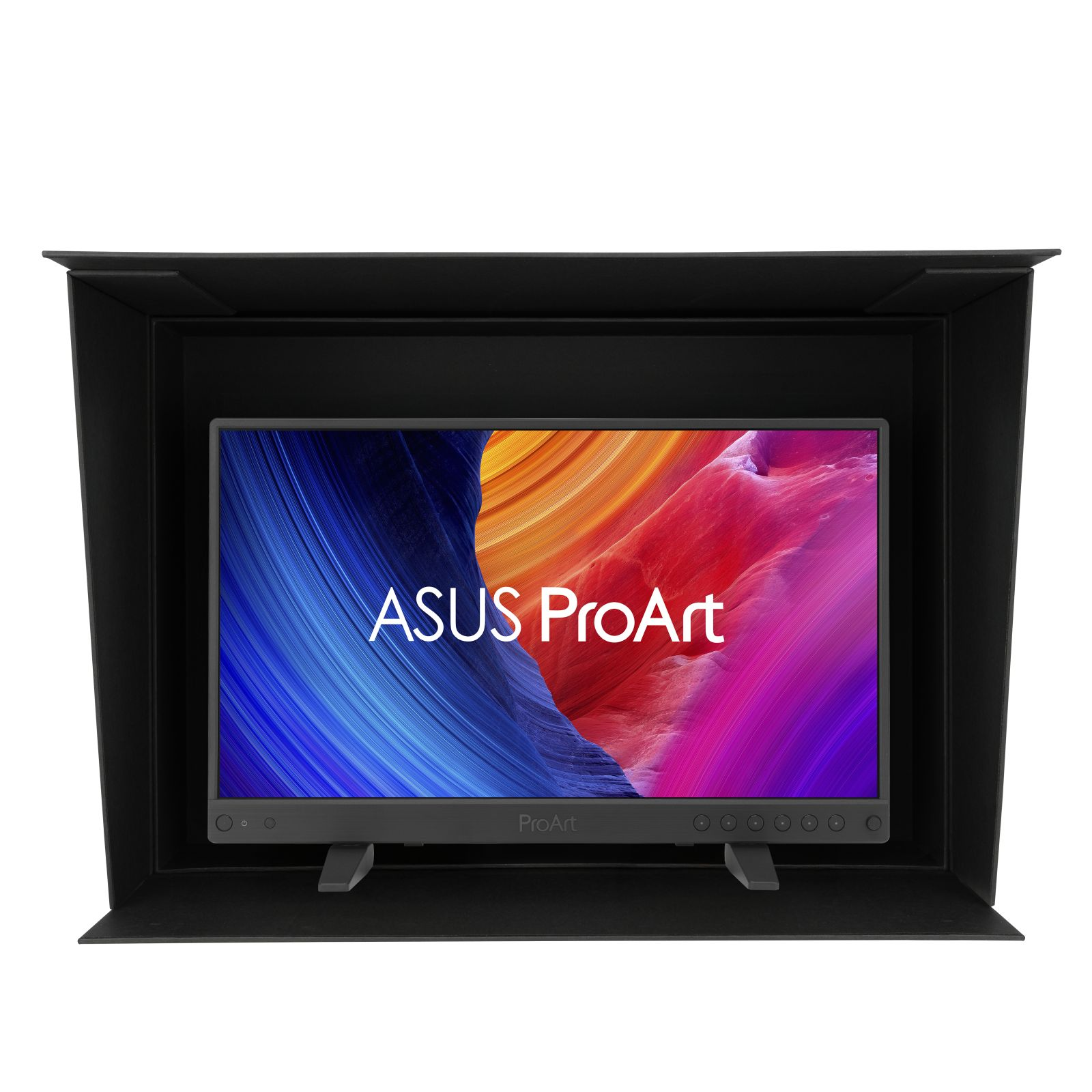 Monitor ASUS ProArt w czarnej obudowie. Ekran wyświetla kolorowy abstrakcyjny wzór. Monitor ma podstawkę.