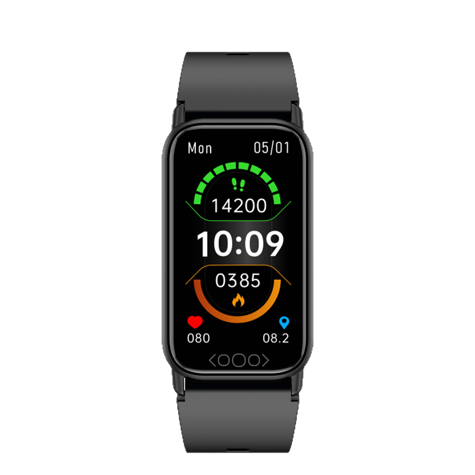 Schwarze Smartwatch, die Zeit, Datum, Schritte, Herzfrequenz und andere Daten anzeigt. Der Bildschirm ist rechteckig mit schwarzem Band.