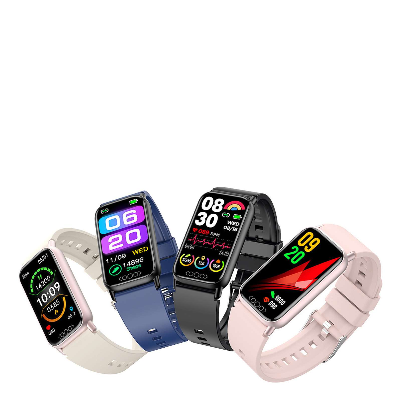 Vier Smartwatches in verschiedenen Farben werden vor weißem Hintergrund angezeigt und zeigen verschiedene Gesundheitsmetriken.