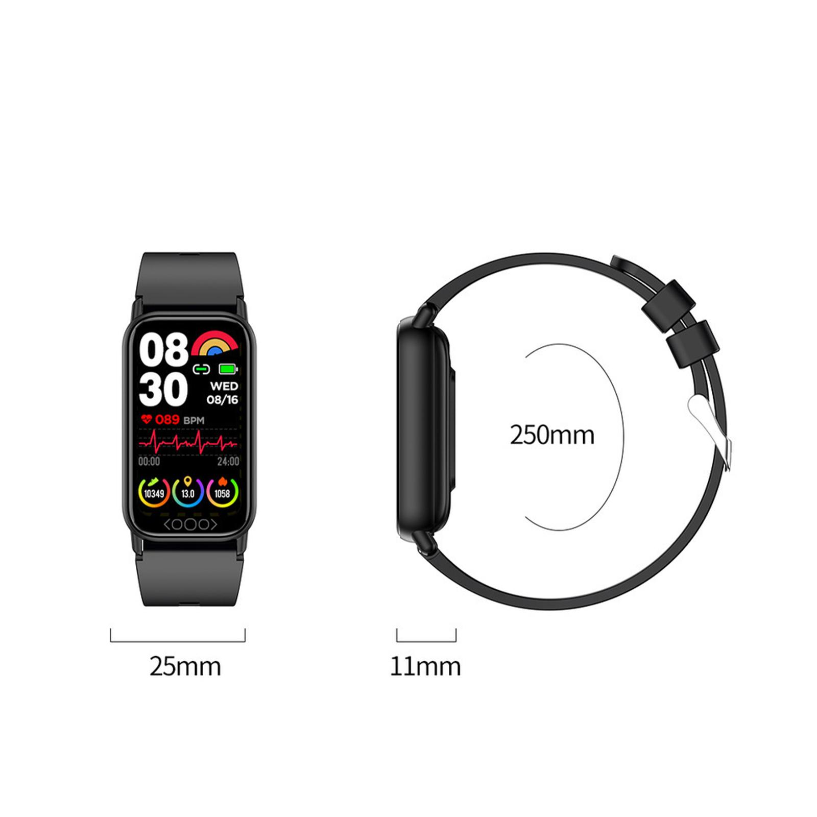 Eine schwarze Smartwatch zeigt Zeit, Herzfrequenz und Datum an. Abmessungen: 25 mm Breite, 11 mm Dicke und das Armband ist 250 mm.