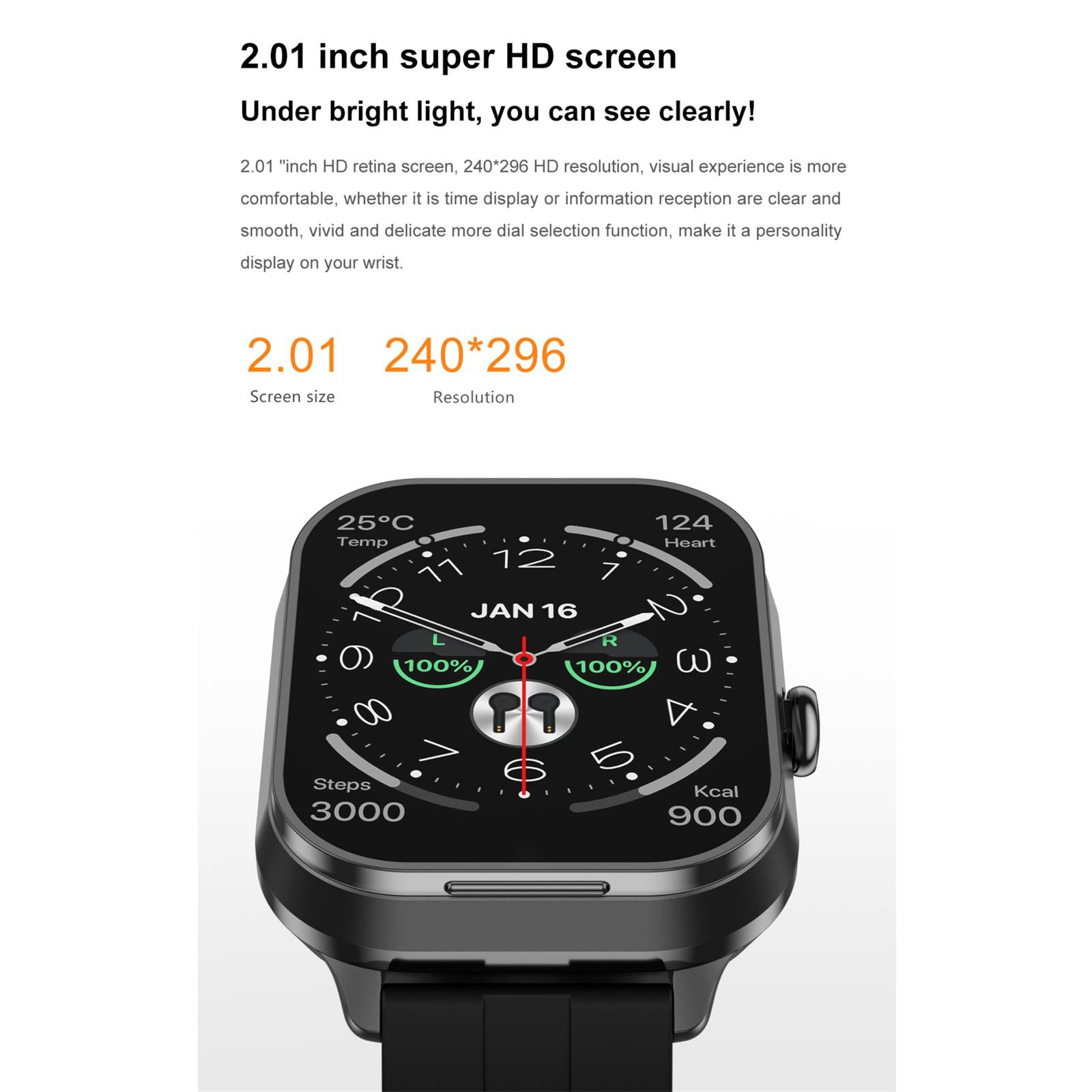 Eine Smartwatch, die Gesundheitsdaten anzeigt. Sie zeigt Datum, Uhrzeit, Herzfrequenz, Schritte und Temperatur an, mit schwarzem Armband.
