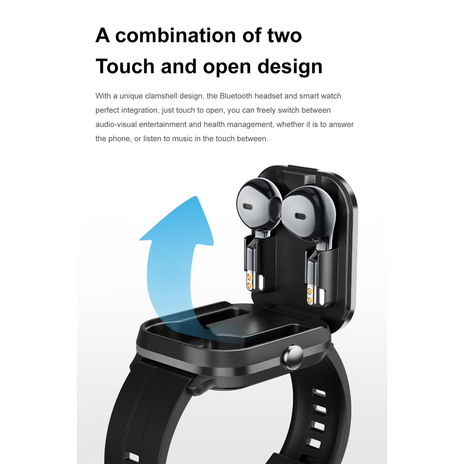 Eine Smartwatch mit eingebauten Ohrhörern. Ein blauer Pfeil zeigt das Öffnen. Die Uhr und die Ohrhörer sind schwarz und silbern.