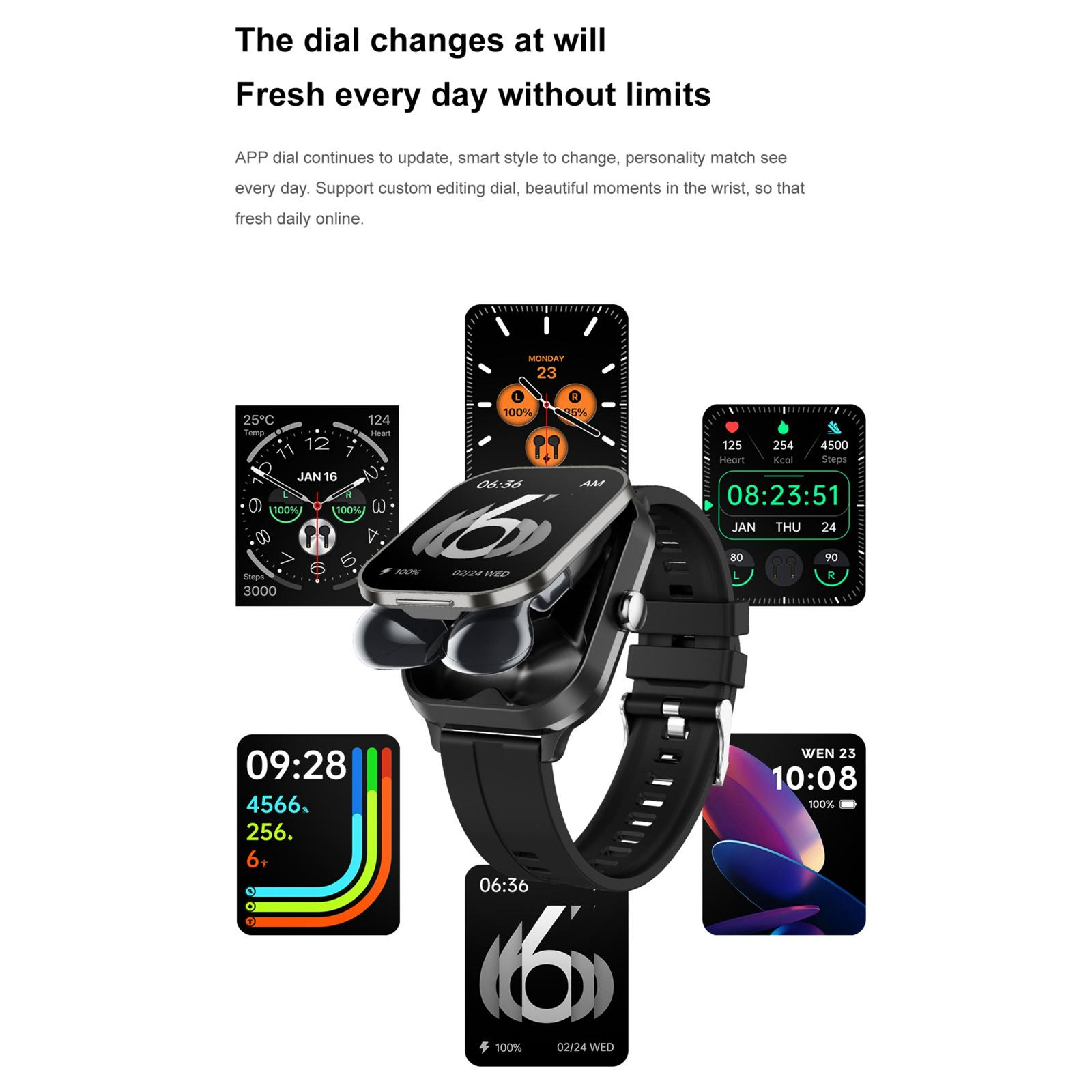Smartwatch mit mehreren Bildschirmen, die Daten, Uhrzeit und Gesundheitsmetriken anzeigen. Schwarzes Armband, schwarzes Uhrengehäuse und Ohrhörer.