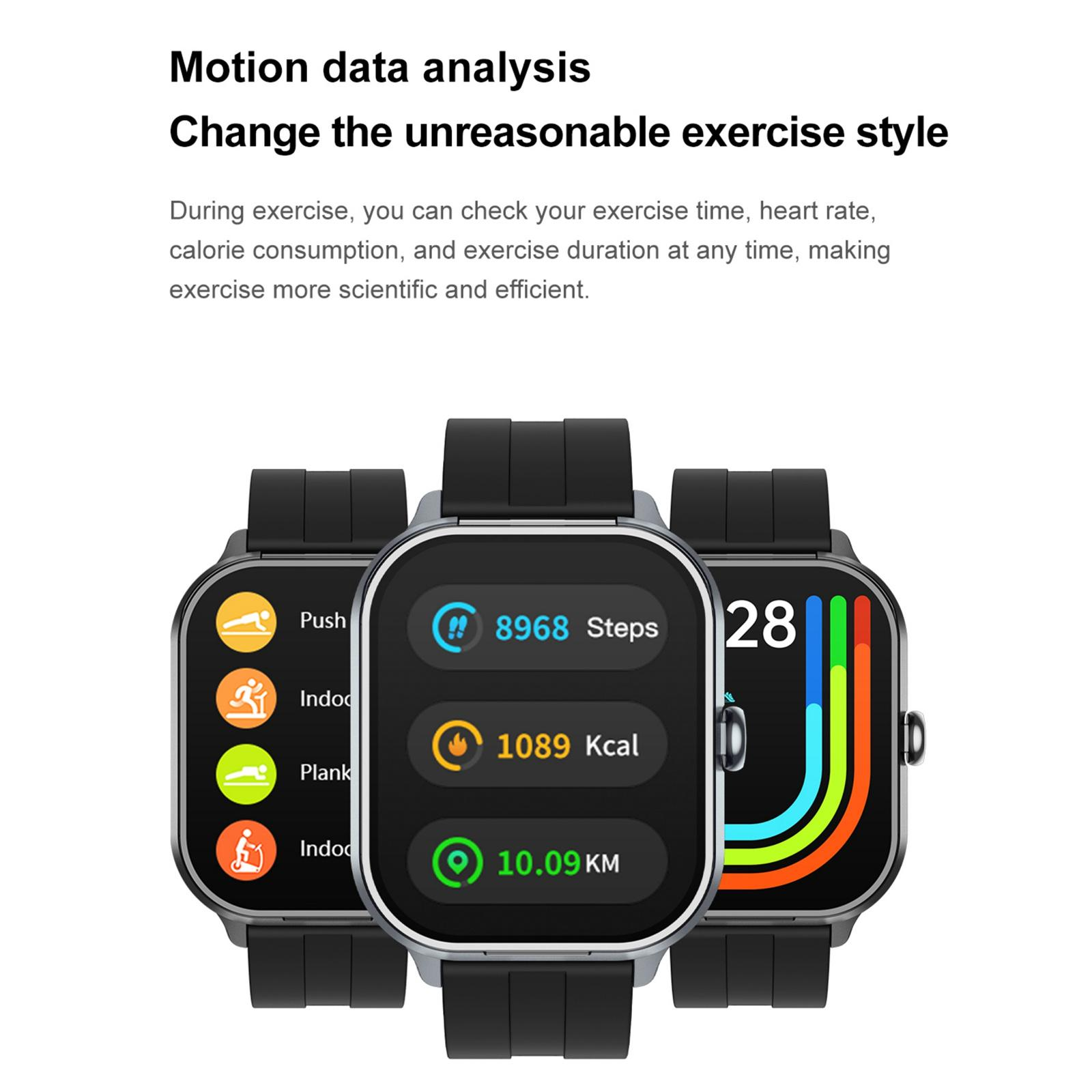 Drei Smartwatches zeigen Fitnessdaten an, darunter Schritte, Kalorien und Distanz. Die Uhren haben schwarze Armbänder und Bildschirme mit bunten Oberflächen.