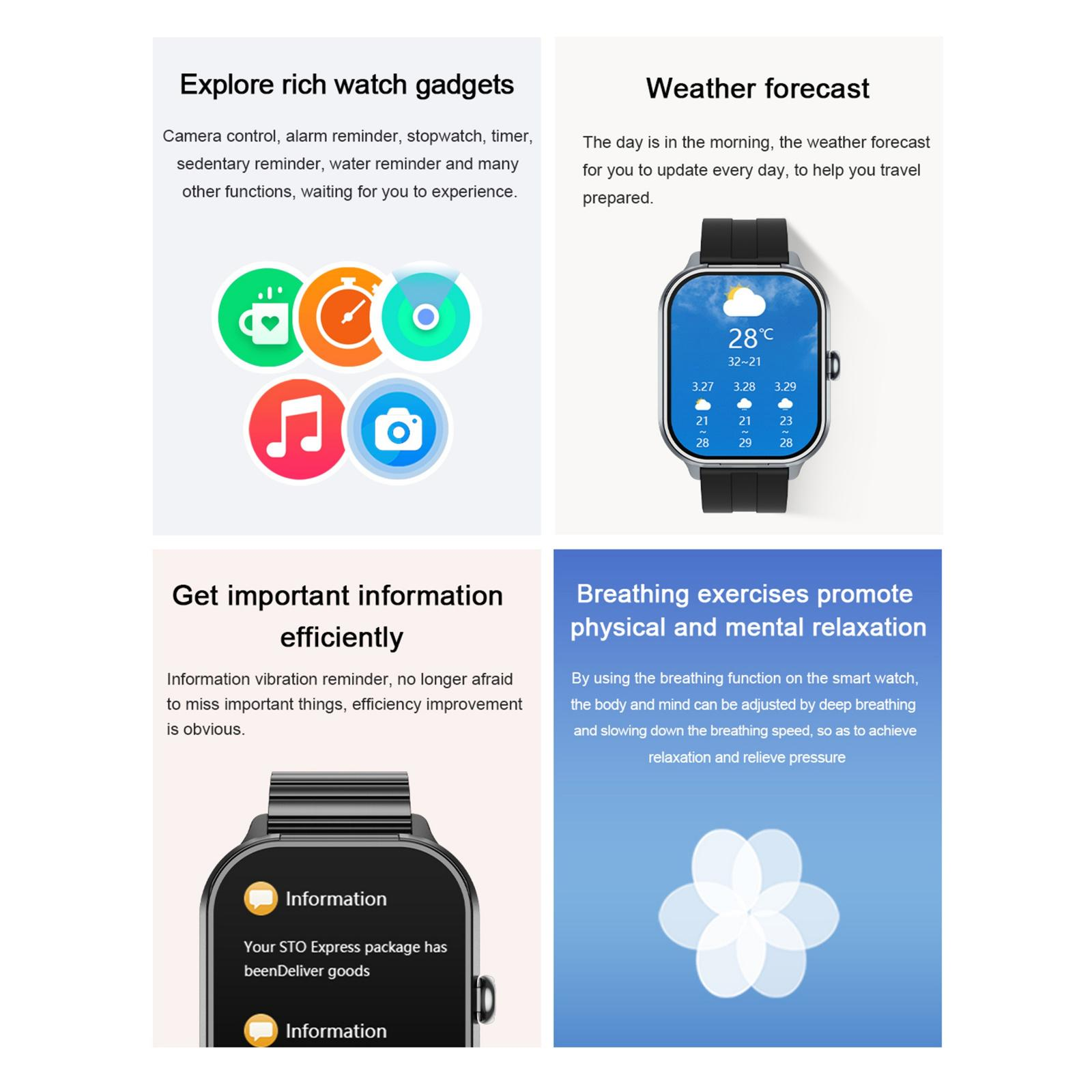 Das Bild zeigt eine Smartwatch mit Wettervorhersage, App-Symbolen und Infos zur Paketzustellung. Es zeigt auch Atemübungen.