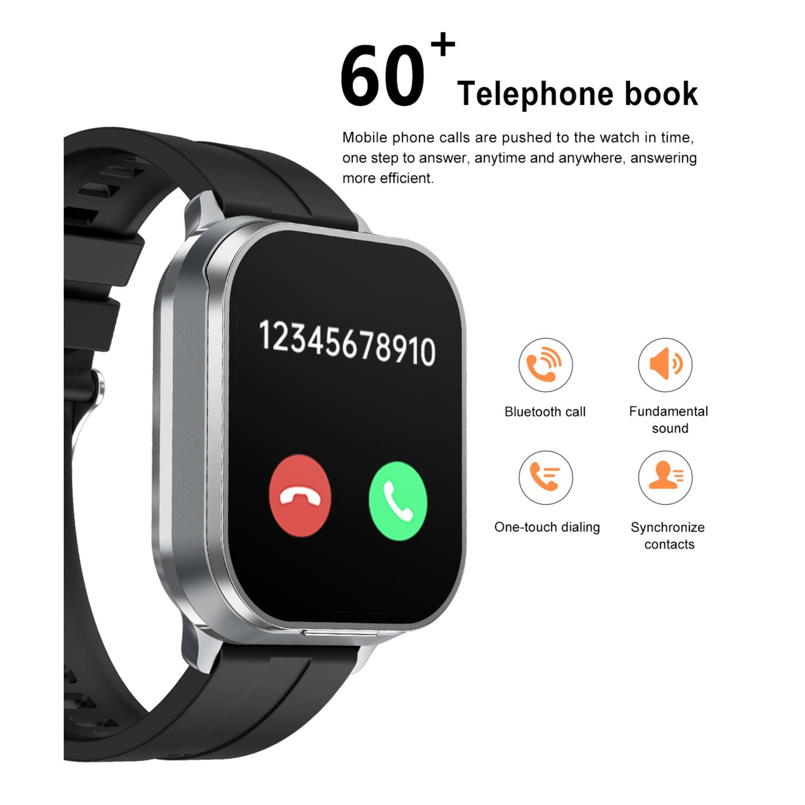 Eine Smartwatch mit schwarzem Bildschirm, der eine Telefonnummer und Anruftasten zeigt. Text sagt 'Telefonbuch' und weitere Funktionen.