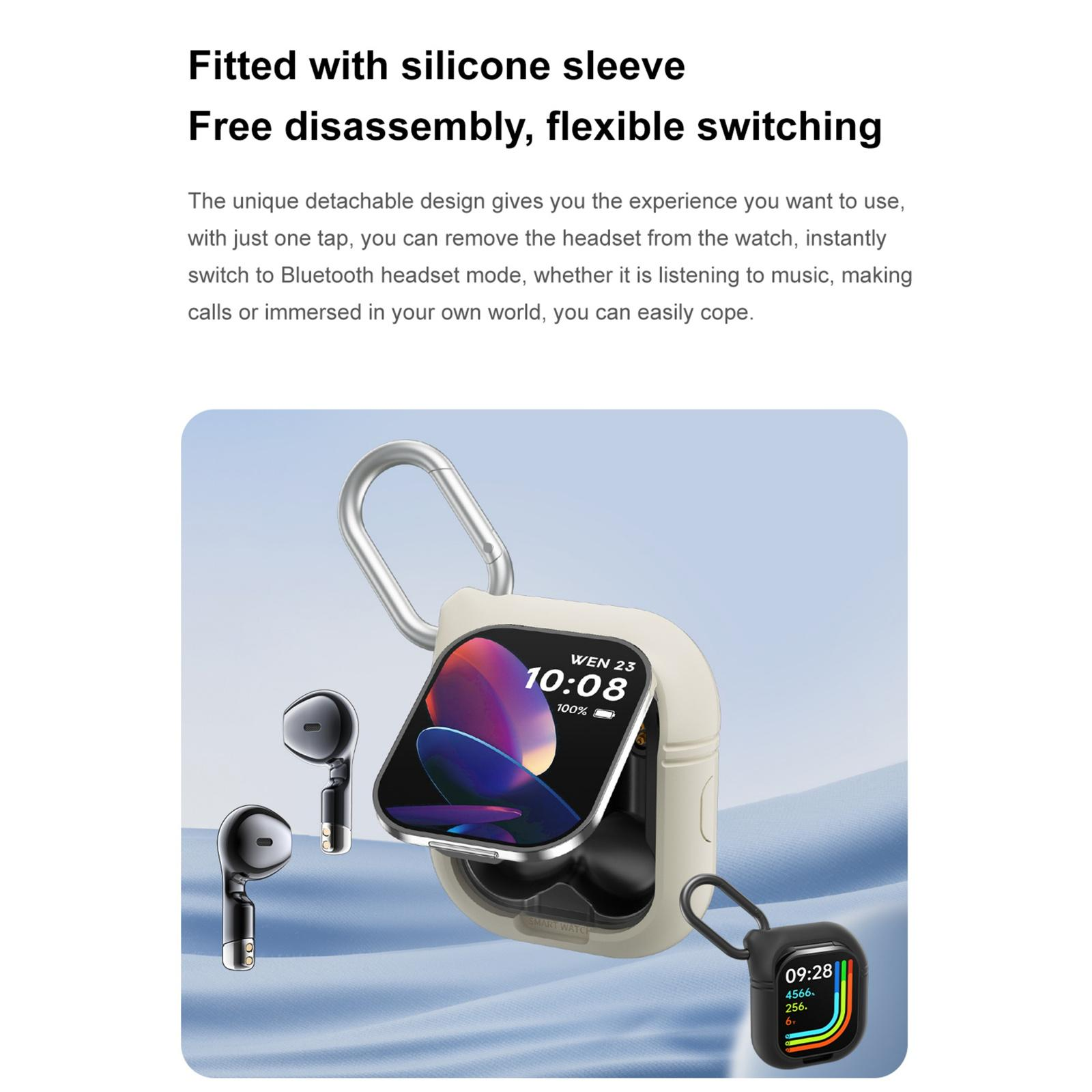 Eine Smartwatch mit Bildschirm, der die Uhrzeit anzeigt, einem Gehäuse und zwei schwarzen Ohrhörern. Es gibt auch ein kleineres schwarzes Gehäuse.