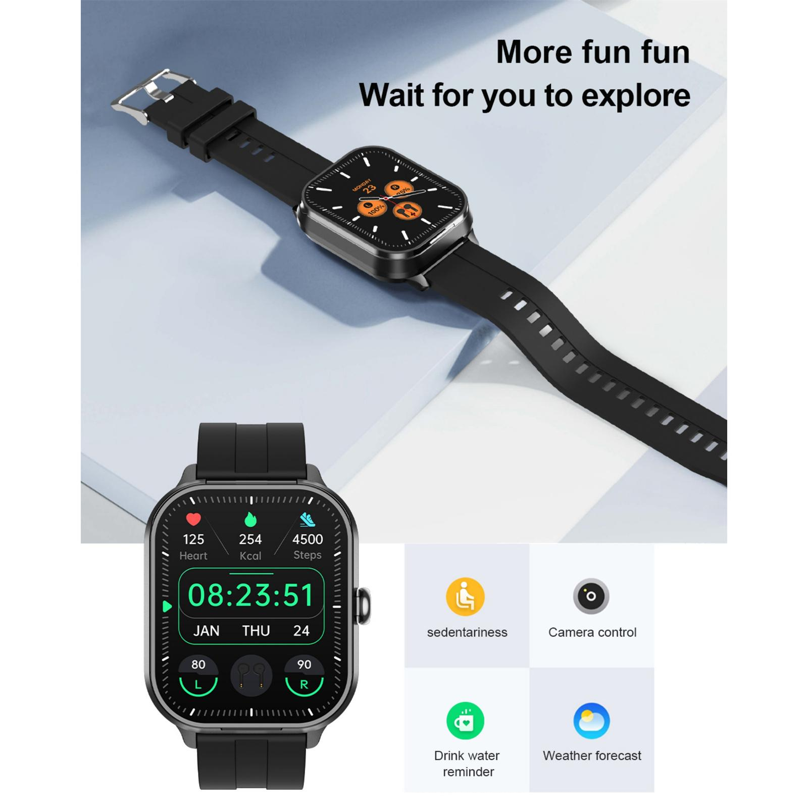 Eine schwarze Smartwatch zeigt Zeit, Herzfrequenz und andere Gesundheitsmetriken an. Sie enthält Symbole für verschiedene Funktionen.