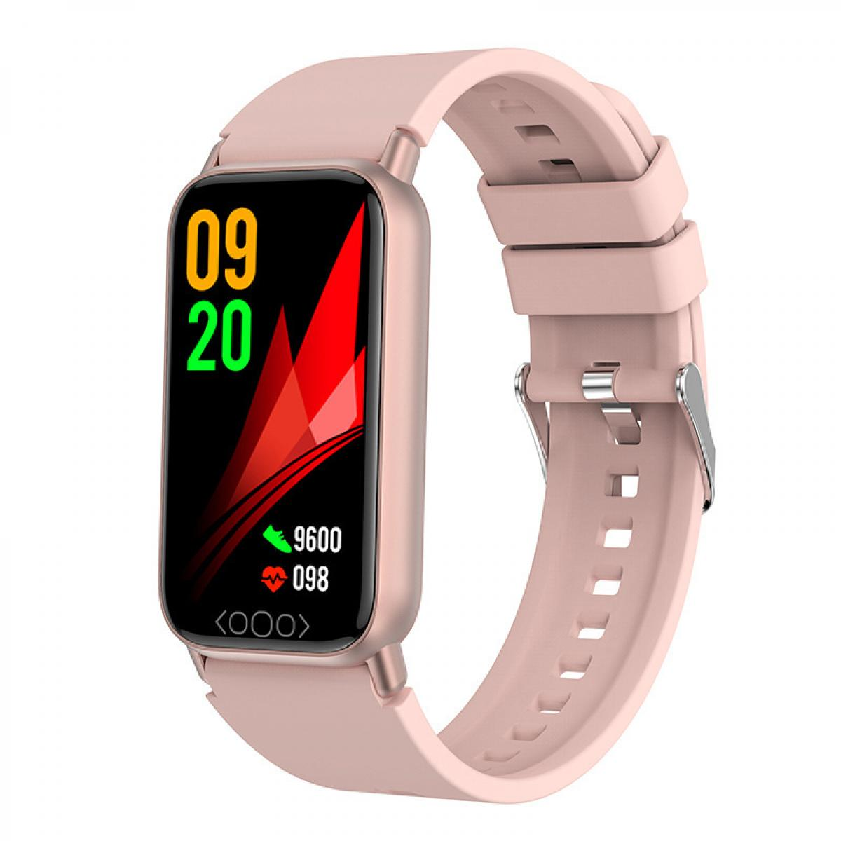 Eine rosa Smartwatch zeigt Zeit, Schritte und Herzfrequenz an. Die Uhr hat einen schwarzen Bildschirm mit bunten Grafiken und ein rosa Armband.