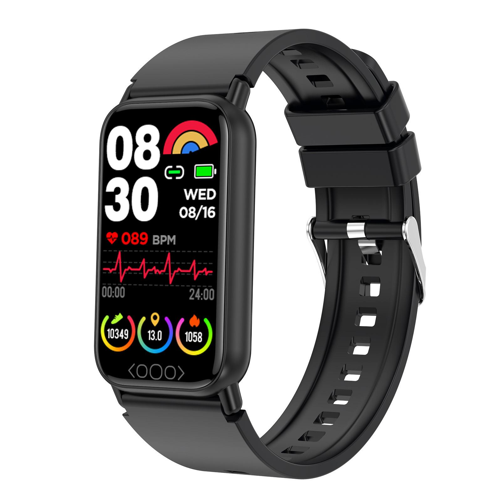 Schwarze Smartwatch mit Anzeige von Uhrzeit, Datum, Herzfrequenz und Aktivitätsdaten. Schwarzes Armband mit Schnalle.