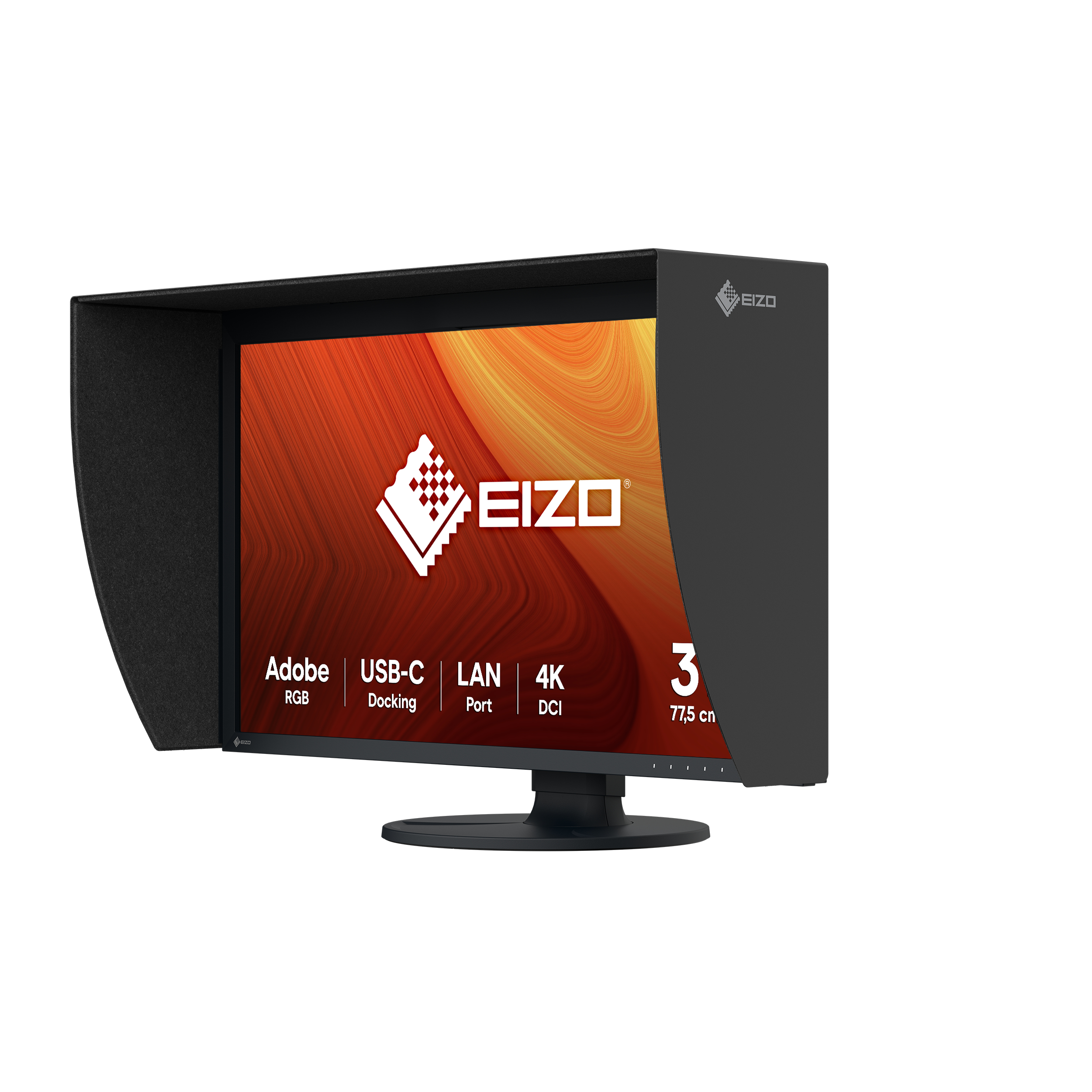 Un monitor EIZO con capucha negra muestra un fondo abstracto naranja y amarillo. Tiene Adobe RGB, USB-C, LAN y funciones 4K DCI.