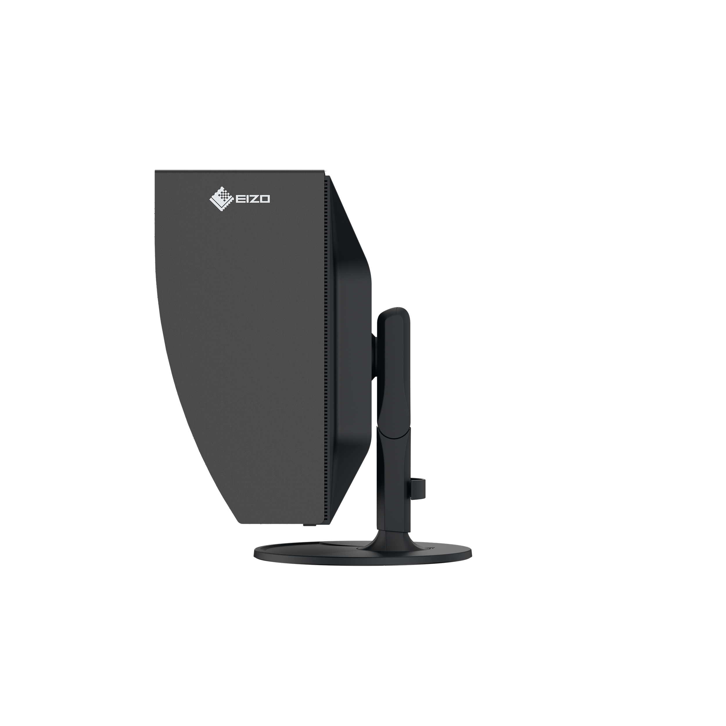 Un monitor de ordenador negro de EIZO sobre un fondo blanco. El monitor tiene un soporte negro.