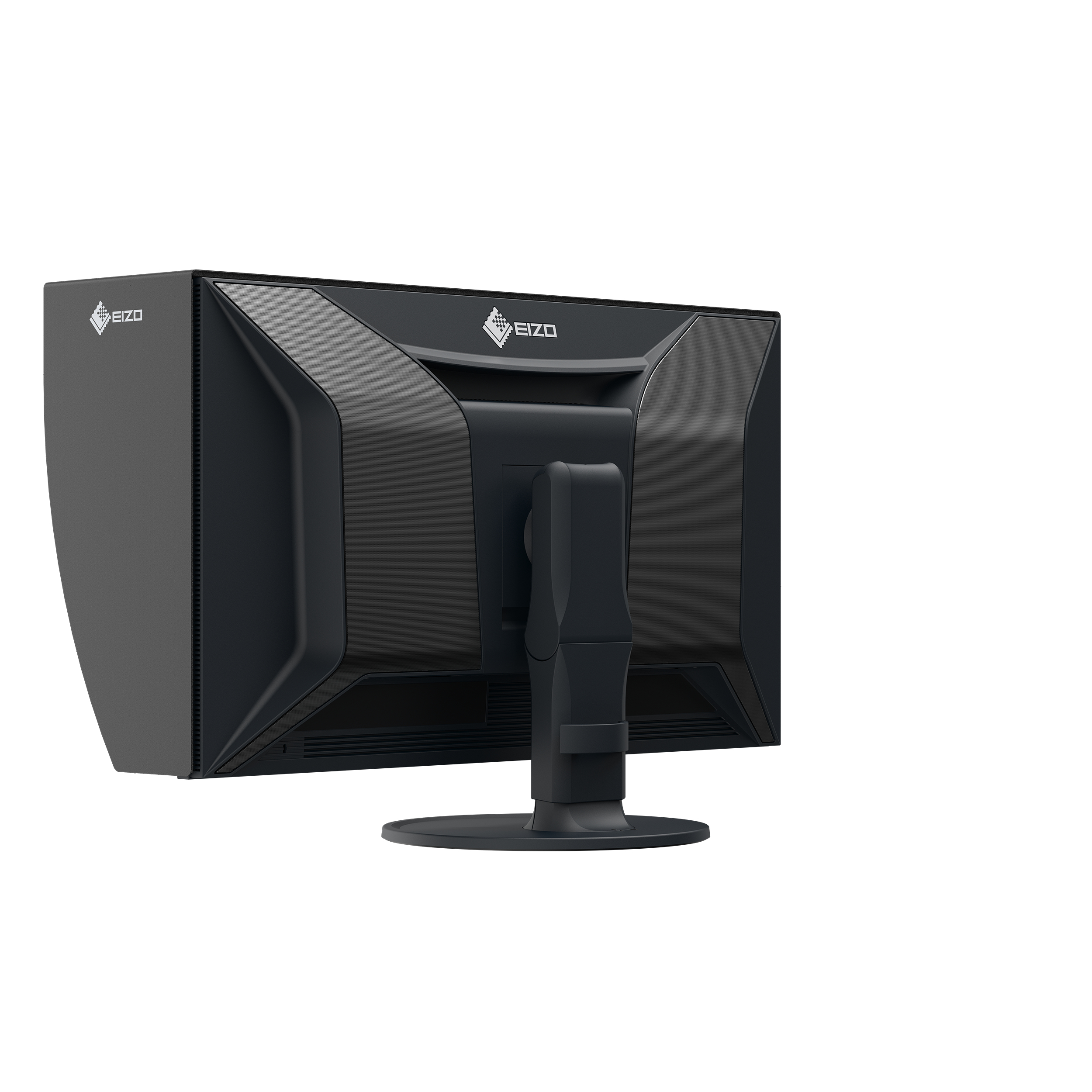 Vista trasera de un monitor EIZO negro sobre un fondo blanco. El monitor está inclinado a la izquierda.