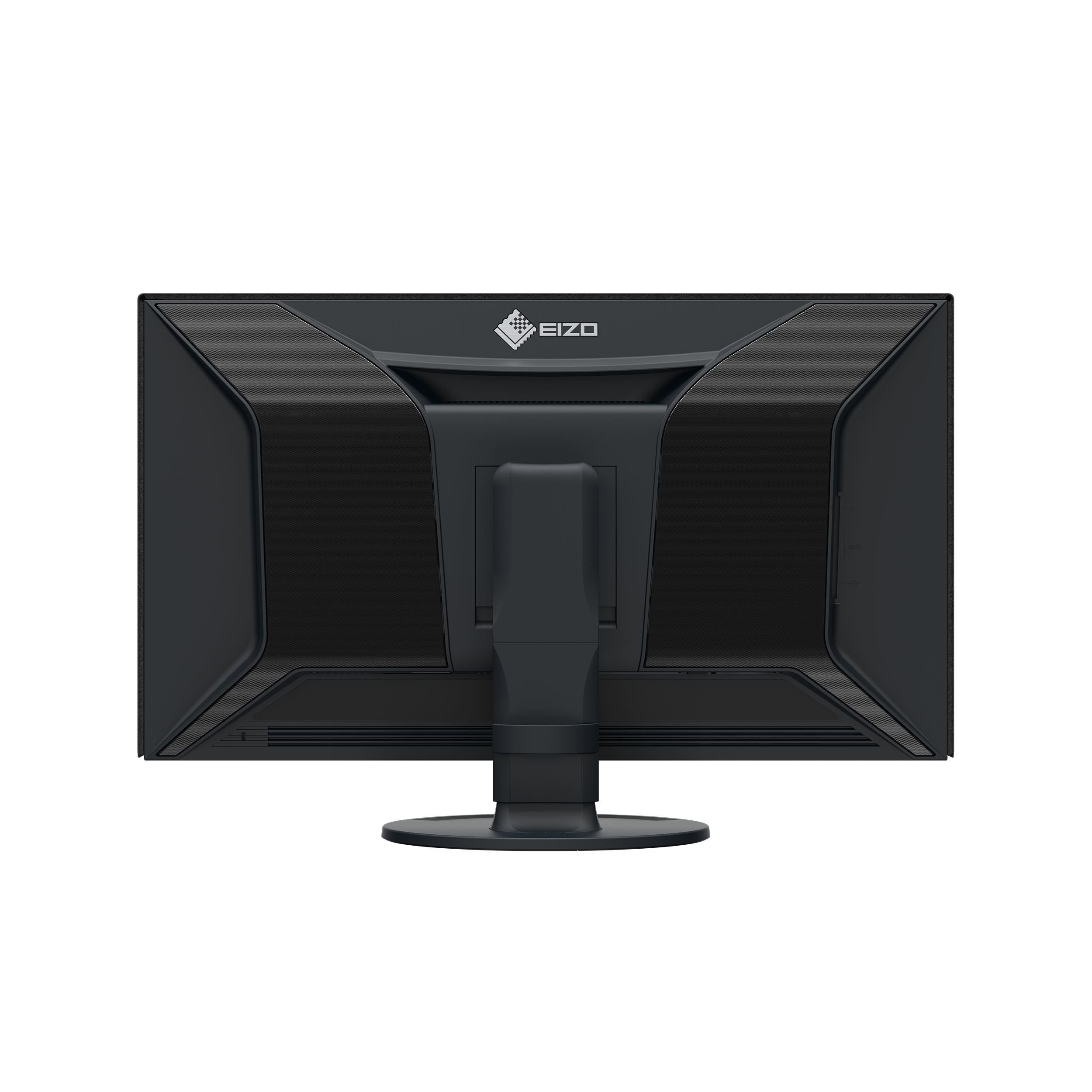Parte trasera de monitor negro sobre fondo blanco. Logotipo EIZO arriba. El soporte está centrado.