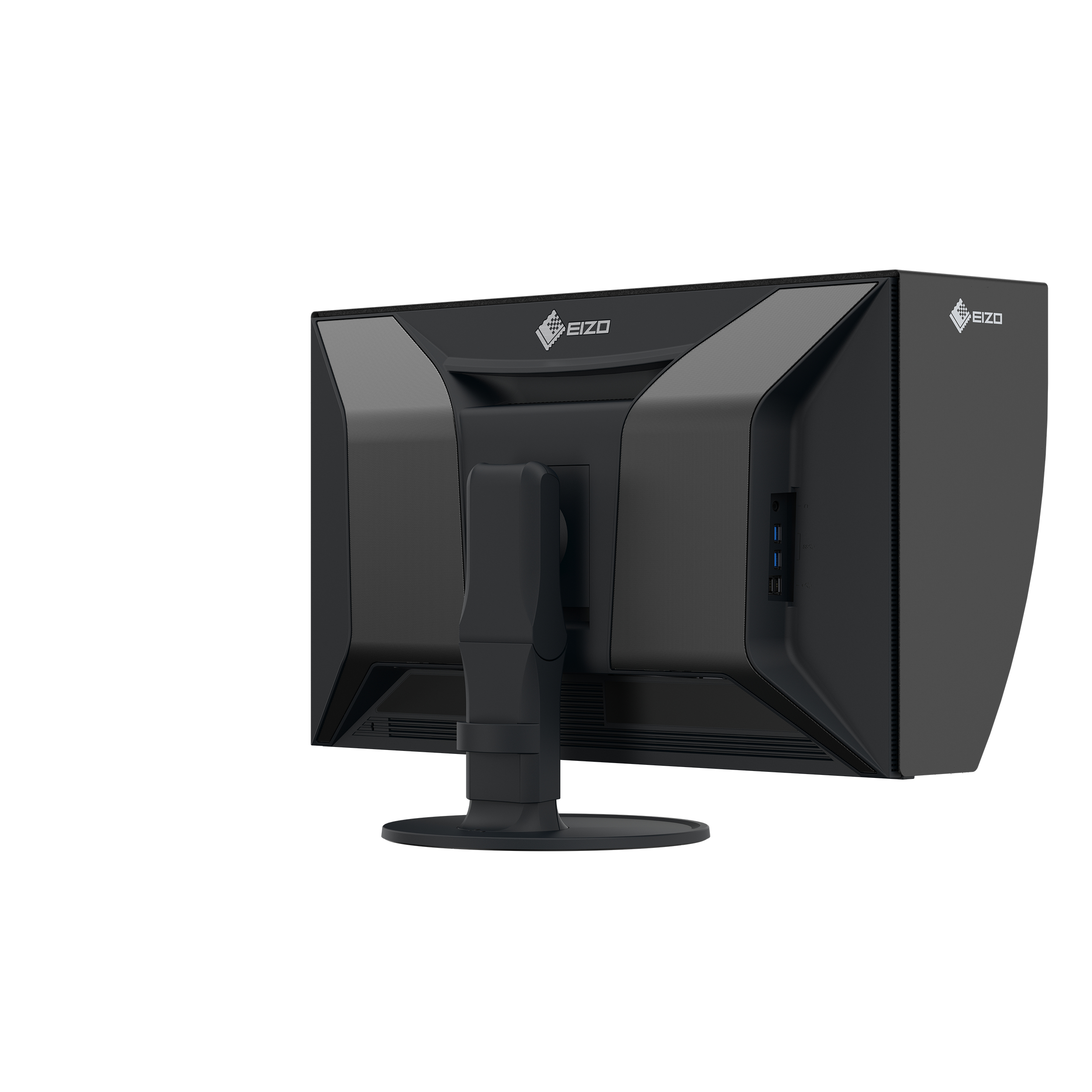 Un monitor EIZO negro, vista trasera, con el logotipo de EIZO en la parte superior. Tiene un soporte y una visera. Aislado sobre blanco.