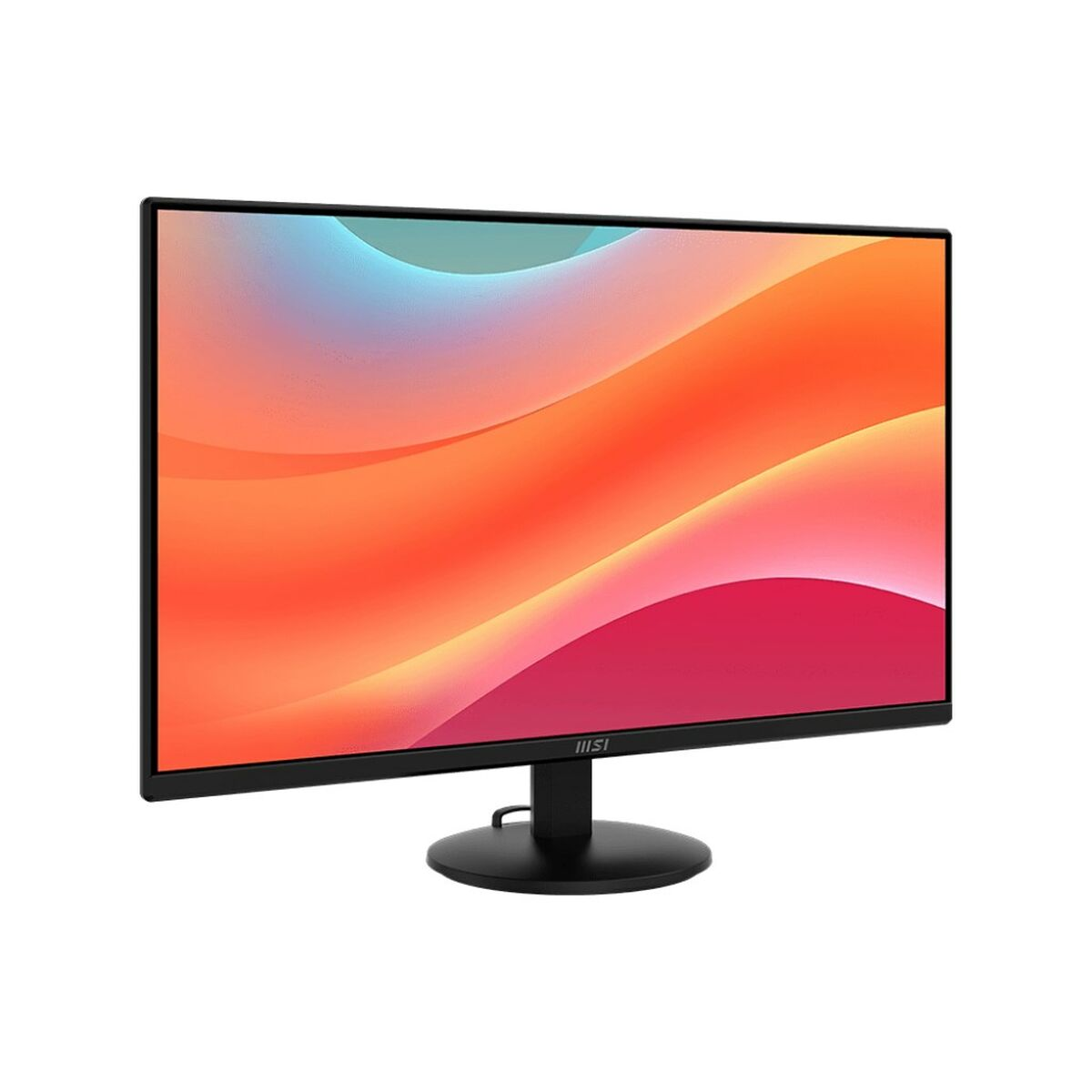 Een zwarte MSI-monitor toont een abstracte gradiënt van oranje, rood en blauw. De monitor staat op een zwarte voet tegen een witte achtergrond.