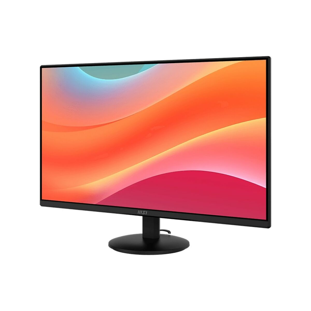 Een zwarte MSI-monitor toont een abstracte, kleurrijke gradiënt. De monitor staat op een zwarte standaard tegen een witte achtergrond.