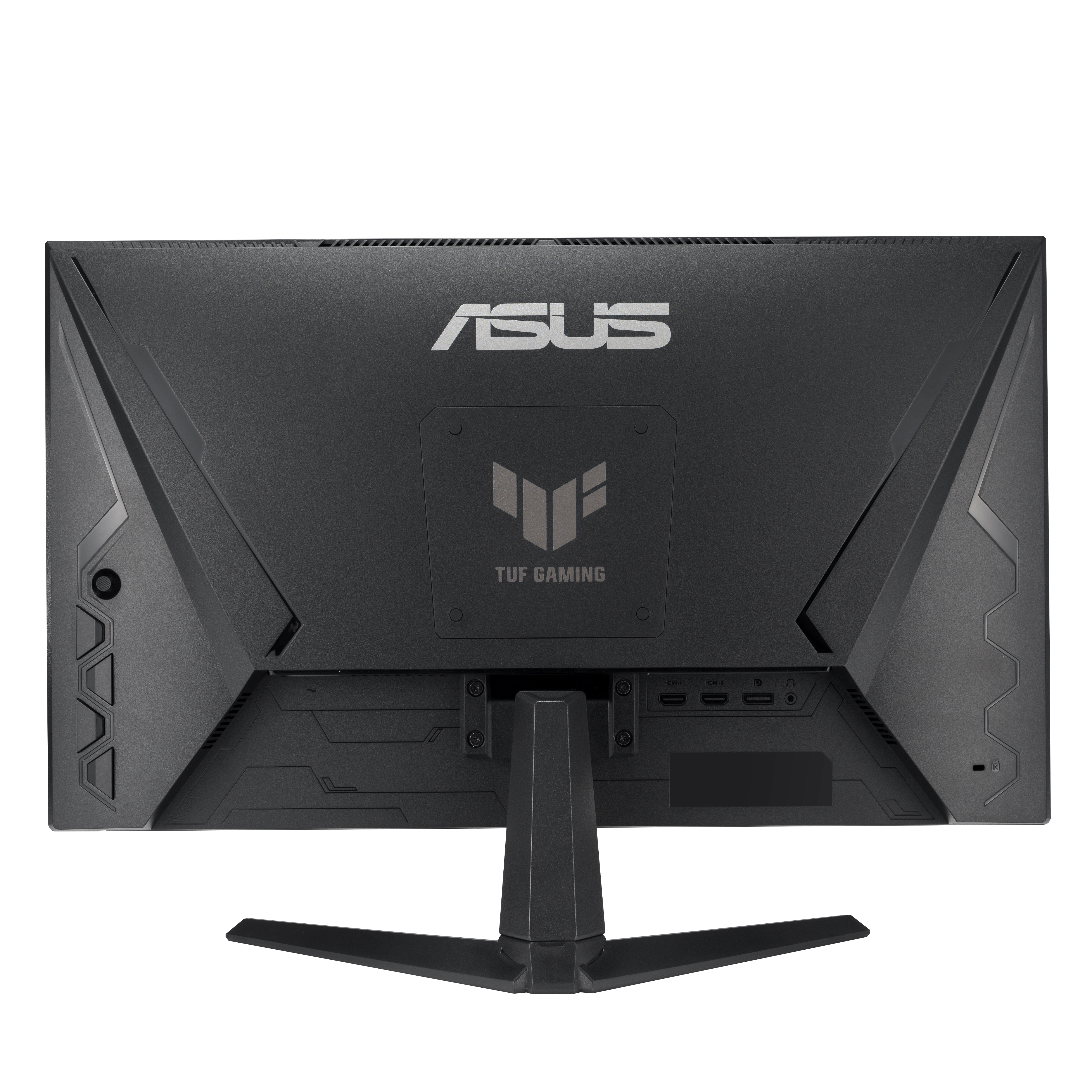 Rear view of a black ASUS TUF Gaming monitor. It has the ASUS logo, the TUF Gaming logo, and various ports.
