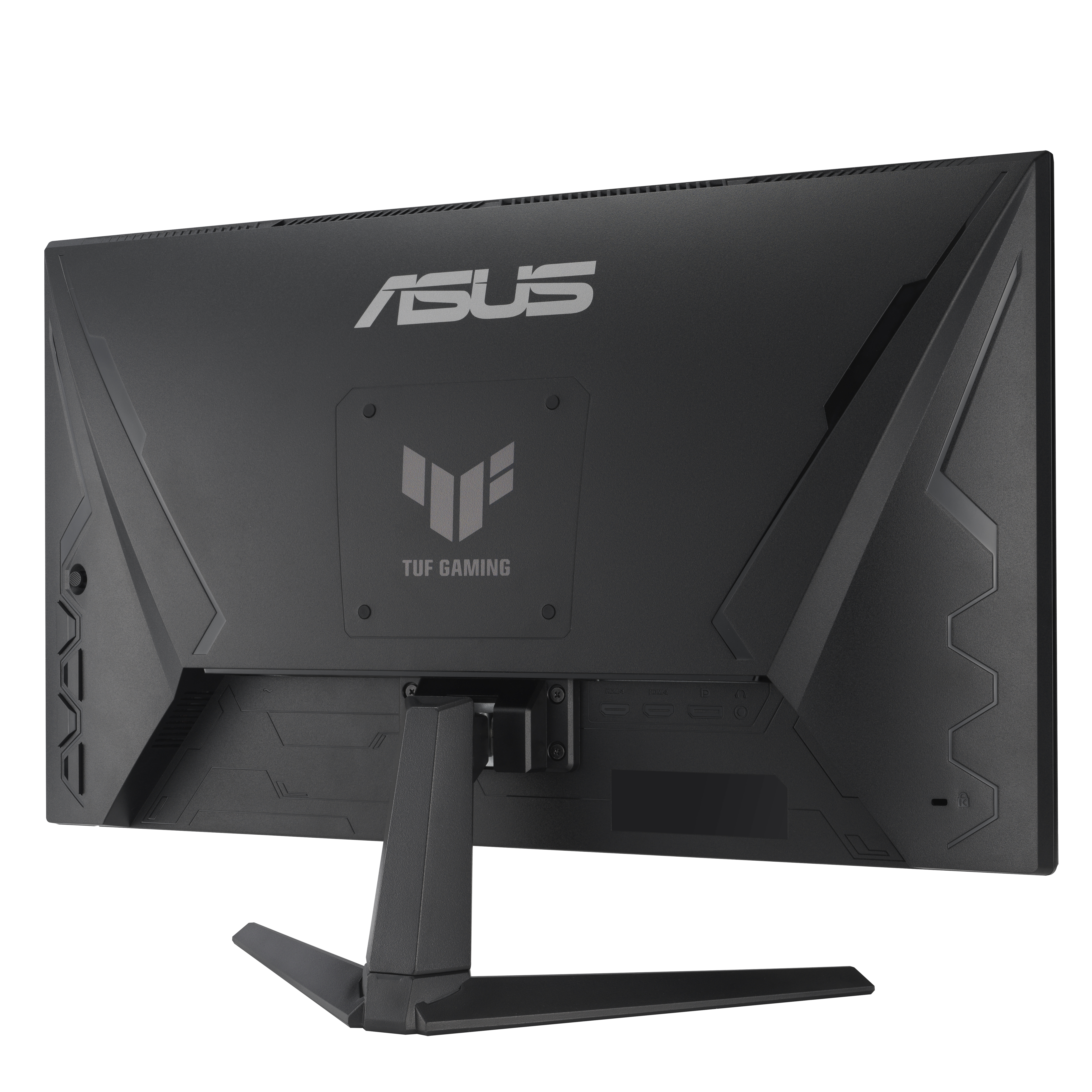 Back of a black ASUS TUF Gaming monitor. The monitor has the ASUS logo and the TUF GAMING logo. It is on a black stand.