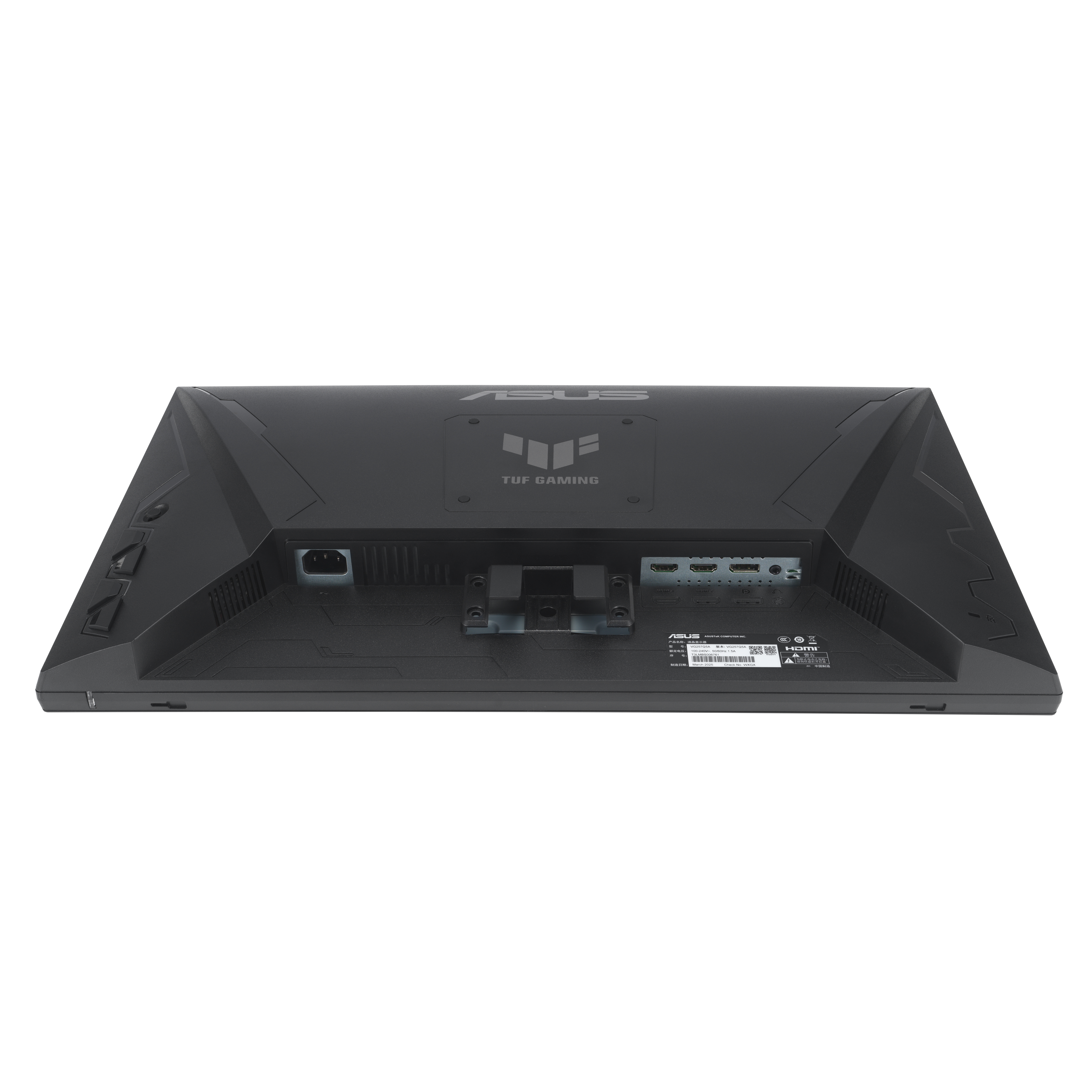 Black ASUS TUF Gaming monitor, viewed from the back. Features ports, logos, and a stand mount.