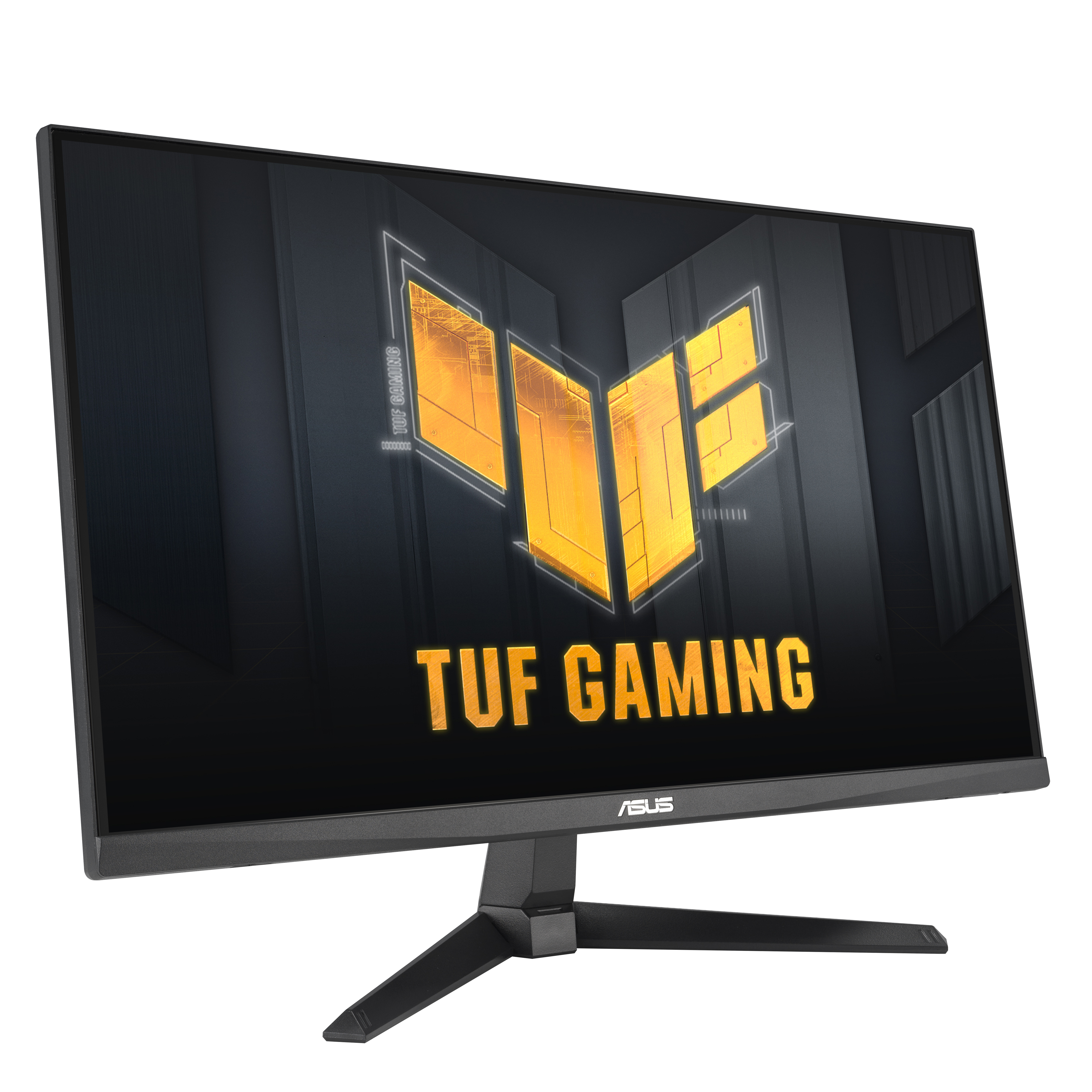 A black TUF Gaming monitor with a yellow logo and text on the screen. The screen is angled. ASUS logo is at the bottom.