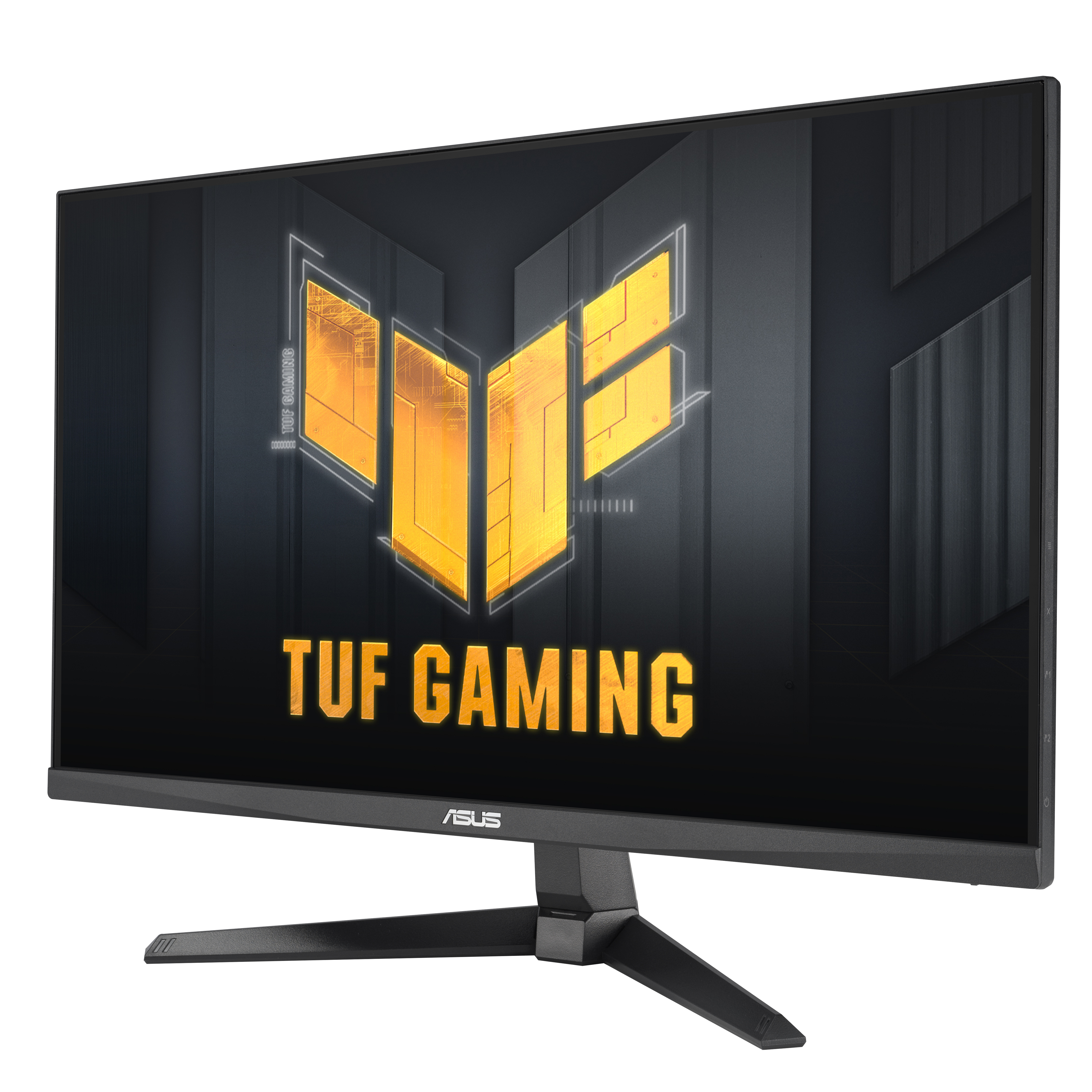 A black ASUS TUF Gaming monitor. The screen displays the TUF Gaming logo in yellow on a black background.