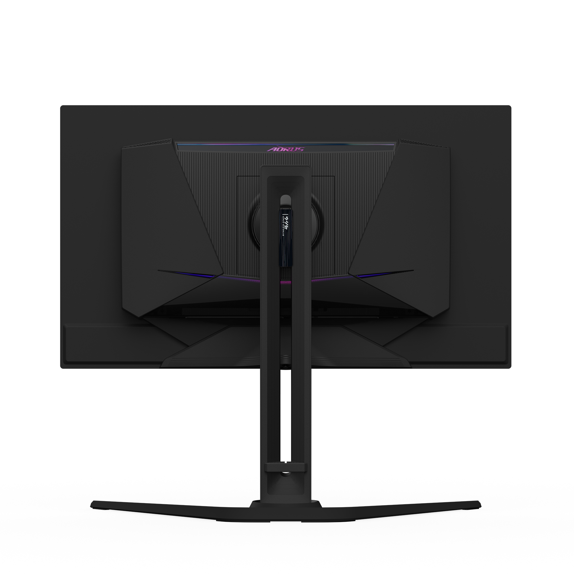 Widok z tyłu czarnego monitora do gier AORUS. Ma podstawkę i znajduje się na białym tle. Monitor ma elegancki design.