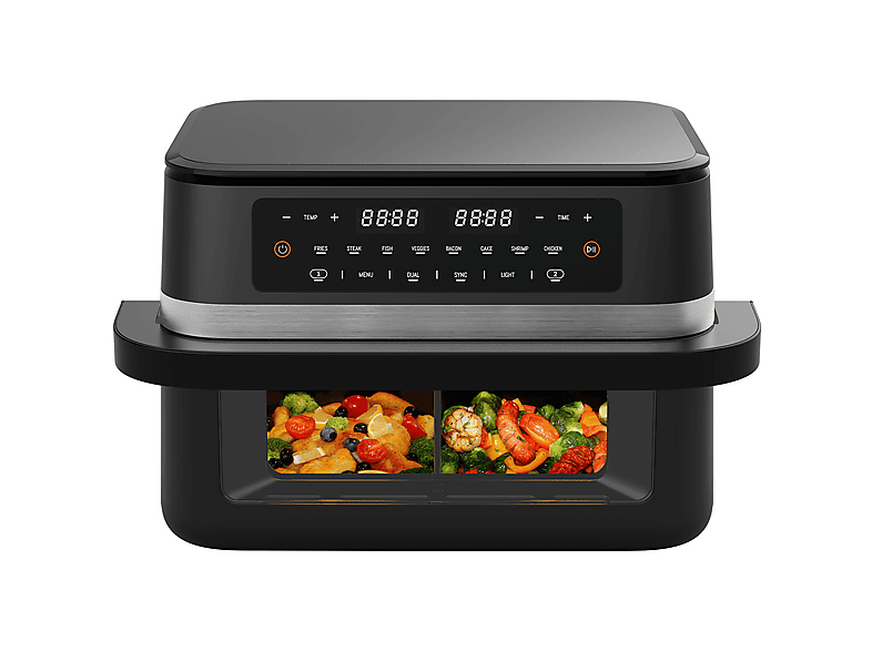 DEWELLING Dual Chambers Airfryer AF100 mit Sichtfenster 11L Heißluftfriteuse 2950 Watt Schwarz